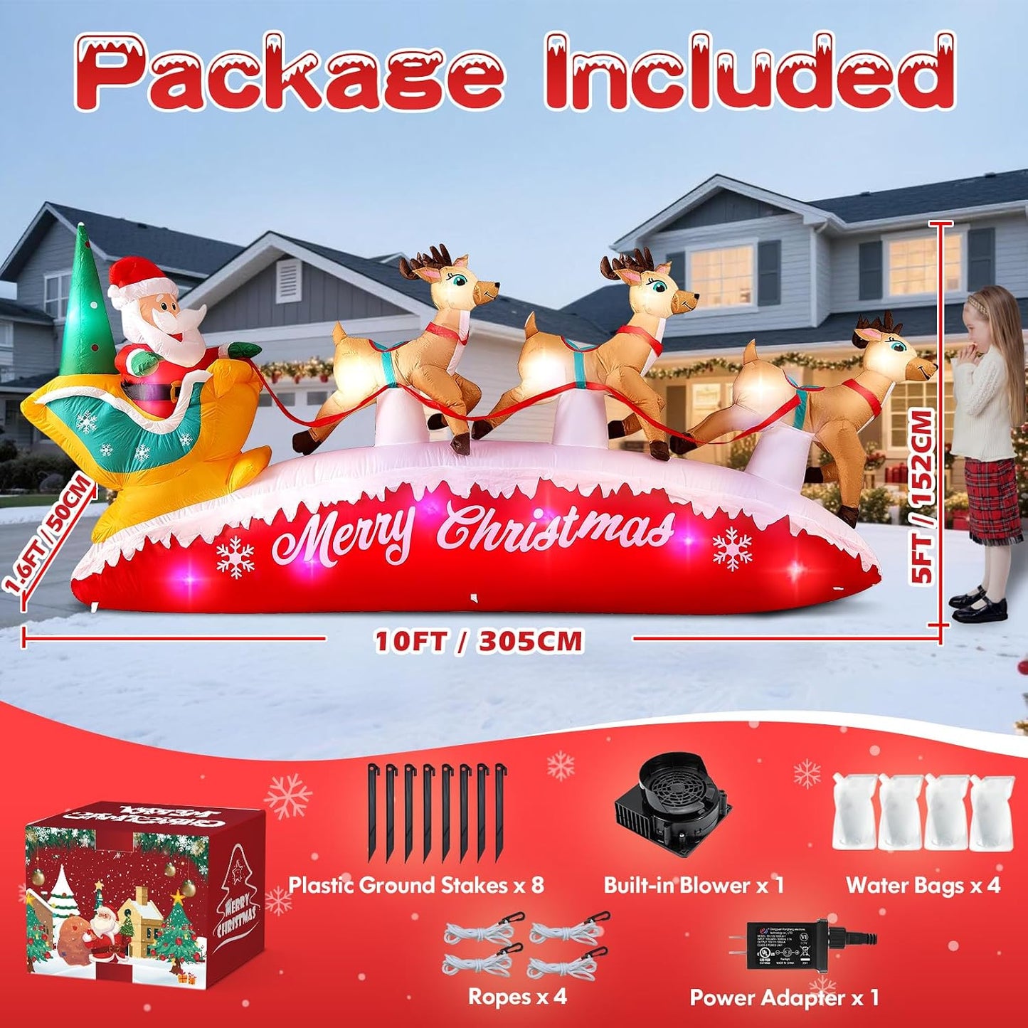 10FT Christmas Inflatables Outdoor Decorations Santa Claus Reindeer Sleigh