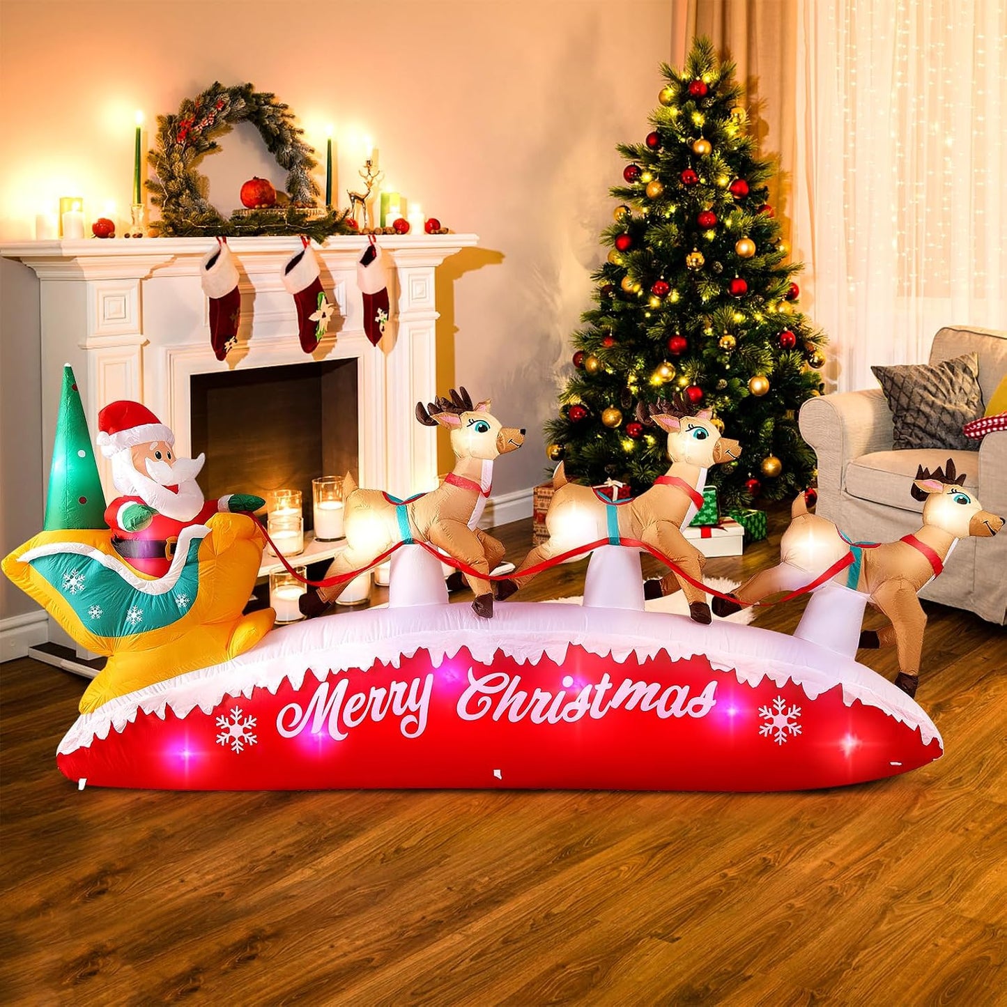 10FT Christmas Inflatables Outdoor Decorations Santa Claus Reindeer Sleigh
