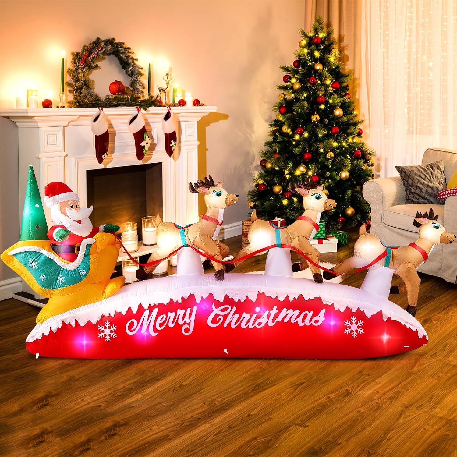 10FT Christmas Inflatables Outdoor Decorations Santa Claus Reindeer Sleigh