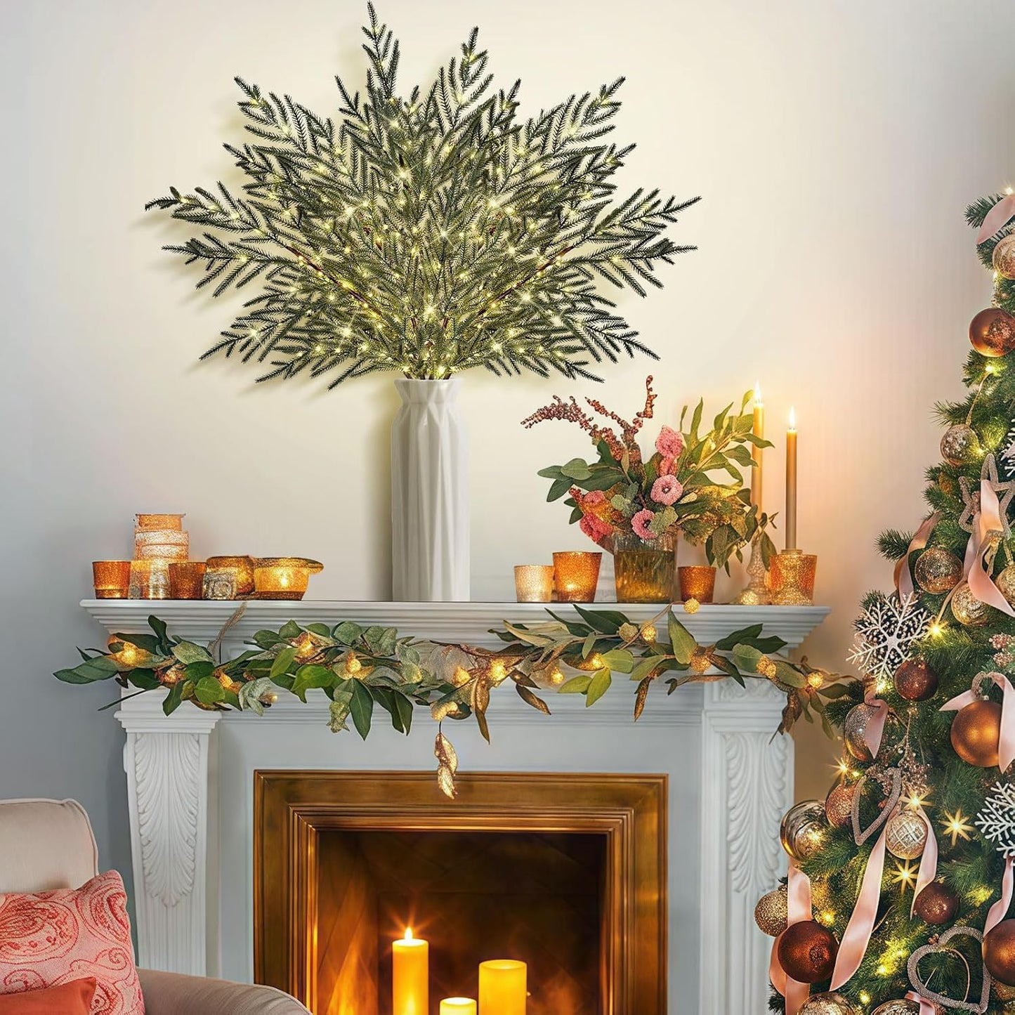 4 Pcs Lighted Norfolk Pine Branches for Vase 35"Artificial Pine Branches