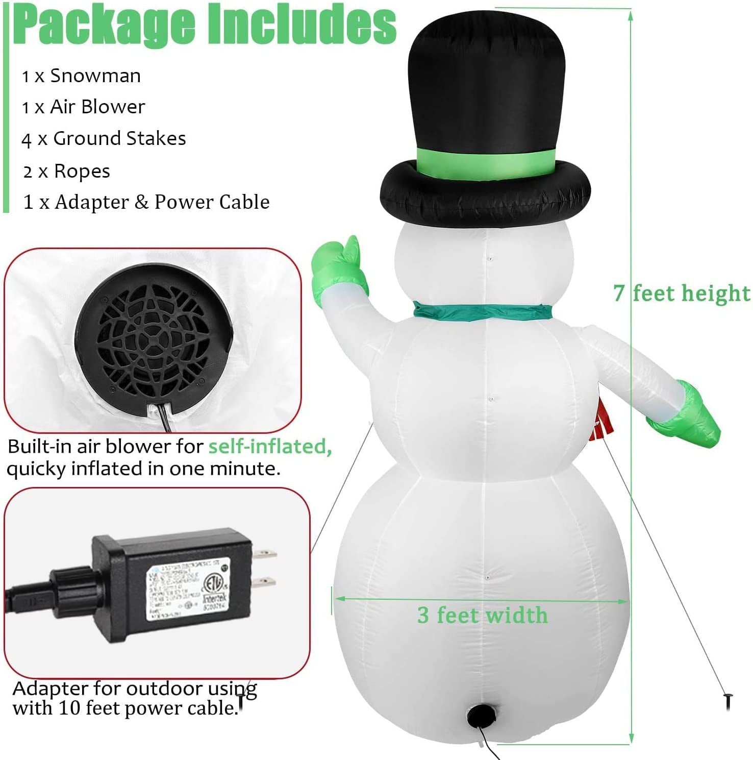 7 FT Christmas Inflatables Snowman Outdoor Yard Decorations, Christmas Blow up Snow Man with LED Lights & Black Hat, Winter outside Decor for Holiday Party Patio Garden Lawn, Xmas New Year Kids Gifts