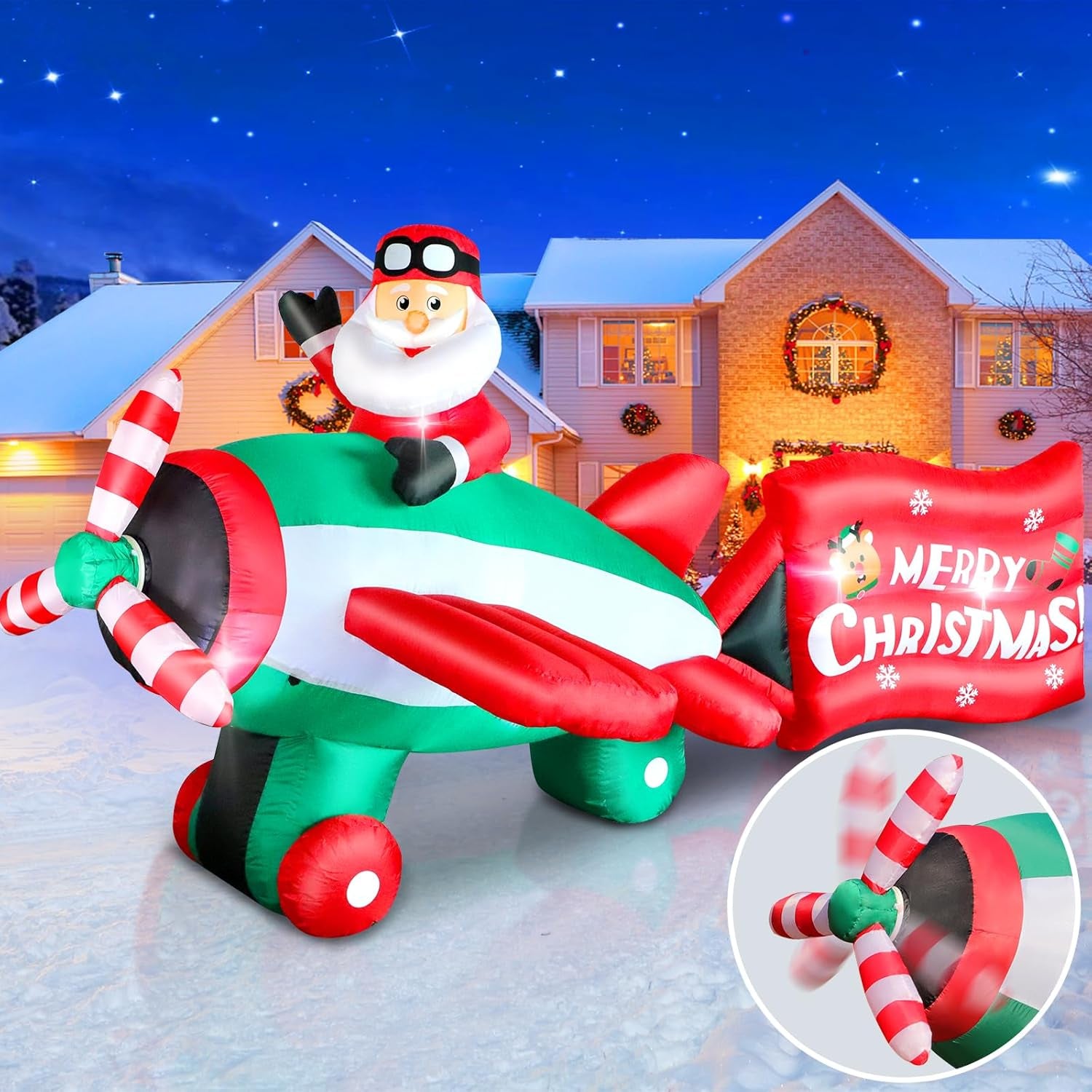 10.5 FT Animated Christmas Inflatables Santa Claus on Airplane, Santa Claus on Helicopter with Merry Christmas Banner, Xmas Blow Ups Outdoor Decorations for Yard Garden Lawn Holiday Home Party Decor