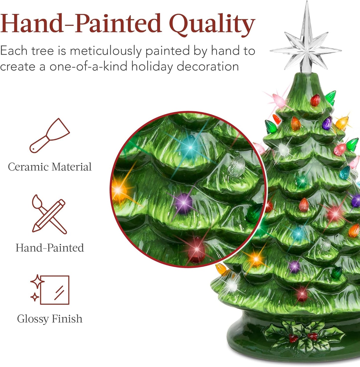 15In Ceramic Christmas Tree, Pre-Lit Hand-Painted Tabletop Holiday Tree, Star Topper, 64 Lights - Green W/Multicolored Bulbs