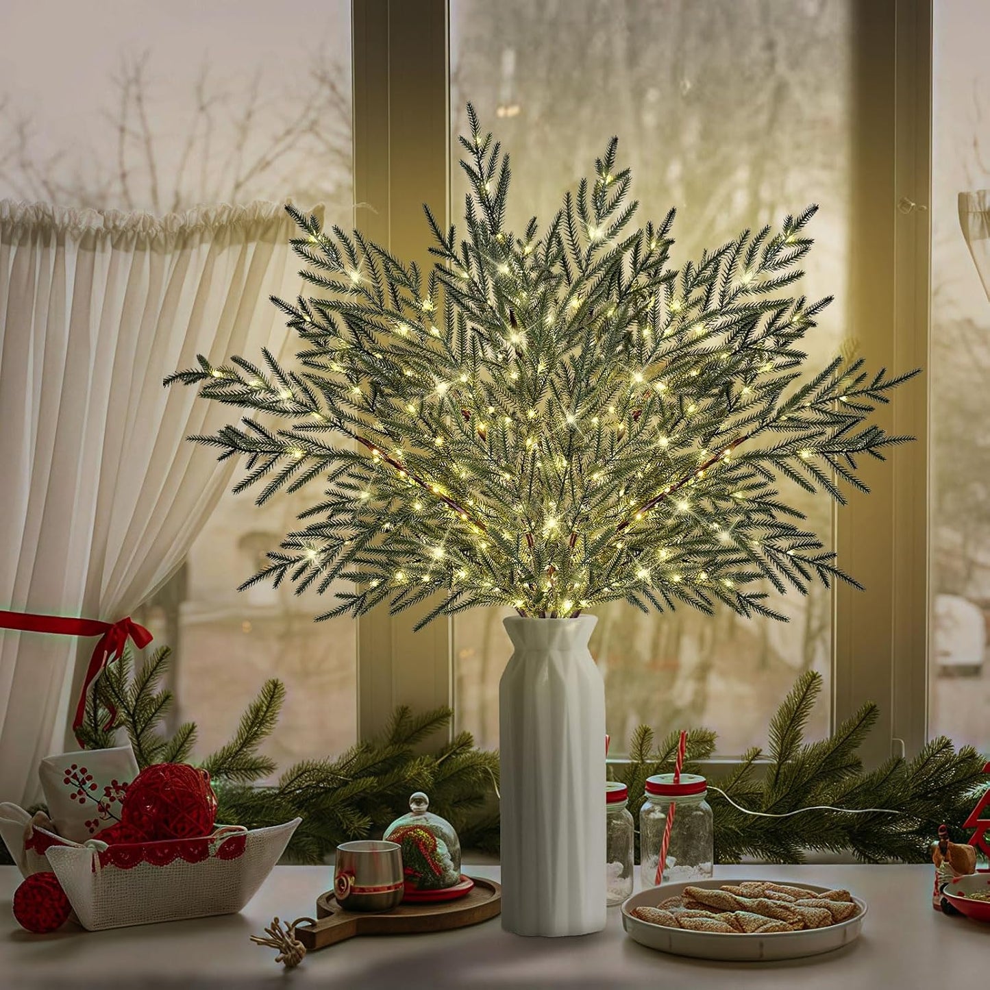 4 Pcs Lighted Norfolk Pine Branches for Vase 35"Artificial Pine Branches