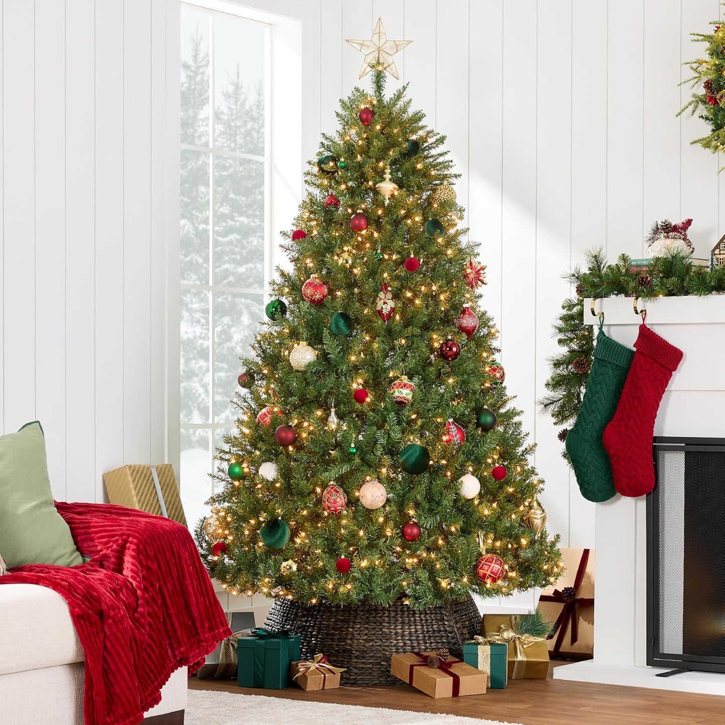 9Ft Artificial Christmas Tree Pre-Lit W/Viral Twinkling Lights Douglas Fir Full Fir Lighted Holiday Decoration W/ 1,000 Warm White LED Lights, 3,594 Tips, Metal Stand