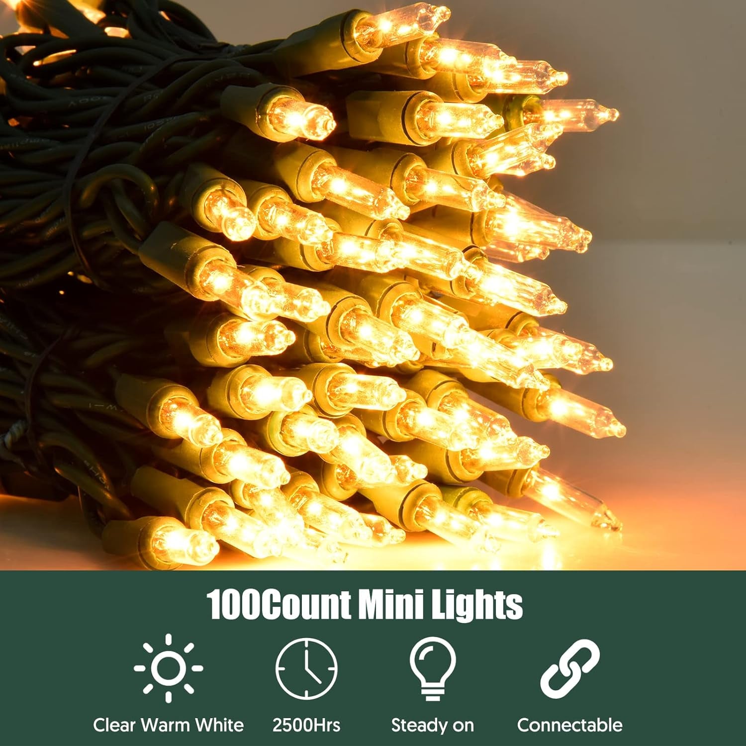Christmas Lights Clear White 100 Count Incandescent Lights UL Certified Connectable Christmas Tree Lights with Green Wires for Indoor Outdoor Xmas, Wedding, Holiday, Party, Home Decorations