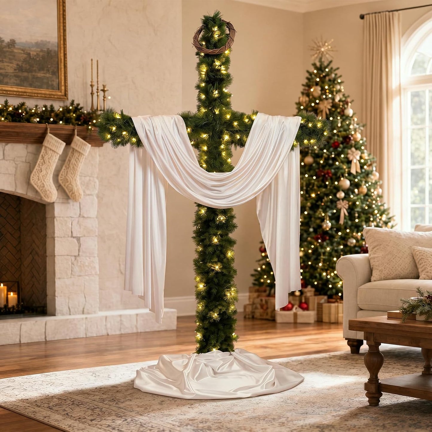 6FT Cross Christmas Tree with LED Lights, Outdoor Christmas Christian Decor