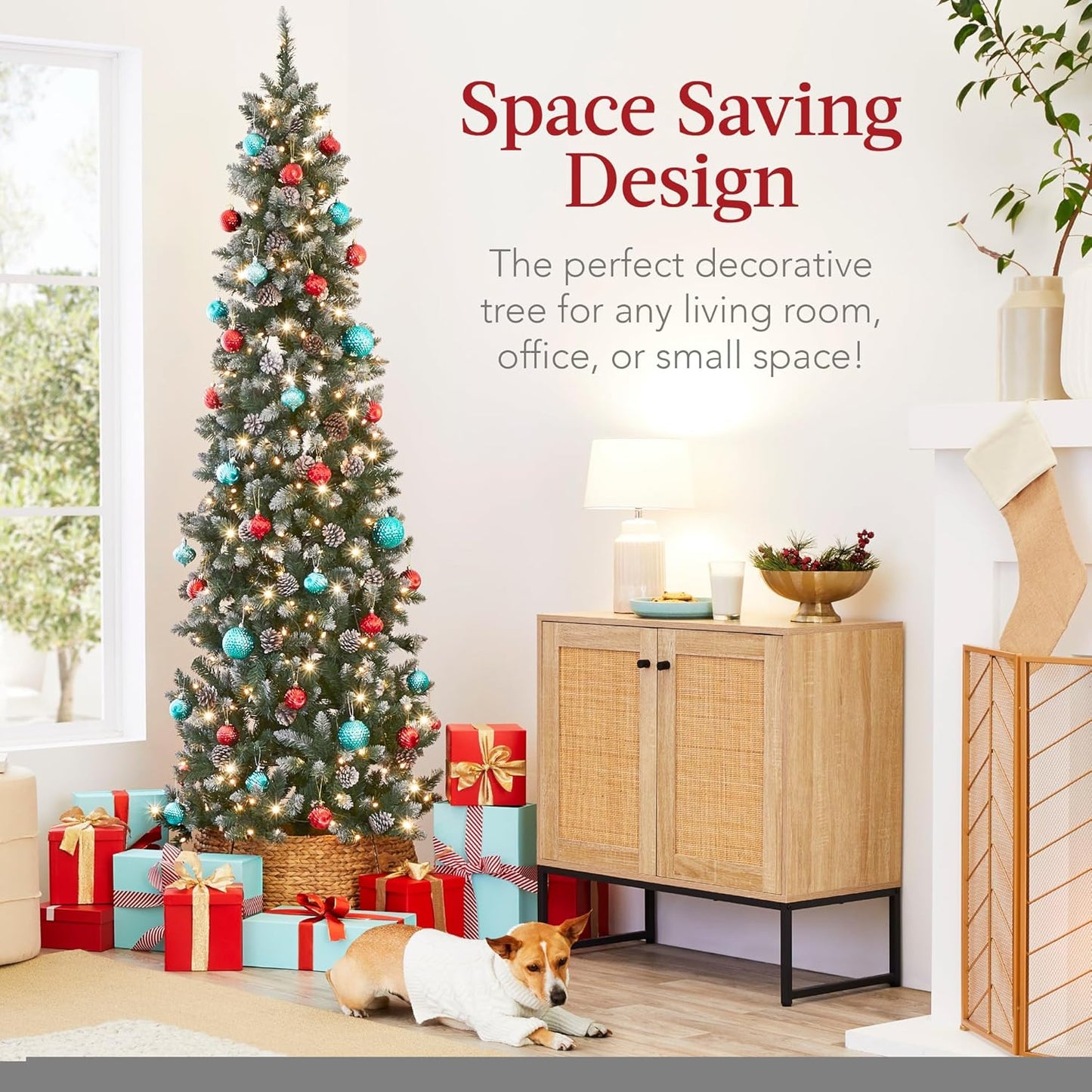 7.5Ft Pre-Lit Pencil Christmas Tree, Partially Flocked & Frosted Slim Holiday Tree Decoration, Skinny Xmas Tree, 350 Lights, 1,075 Frosted Tips, 64 Pine Cones, Foldable Stand