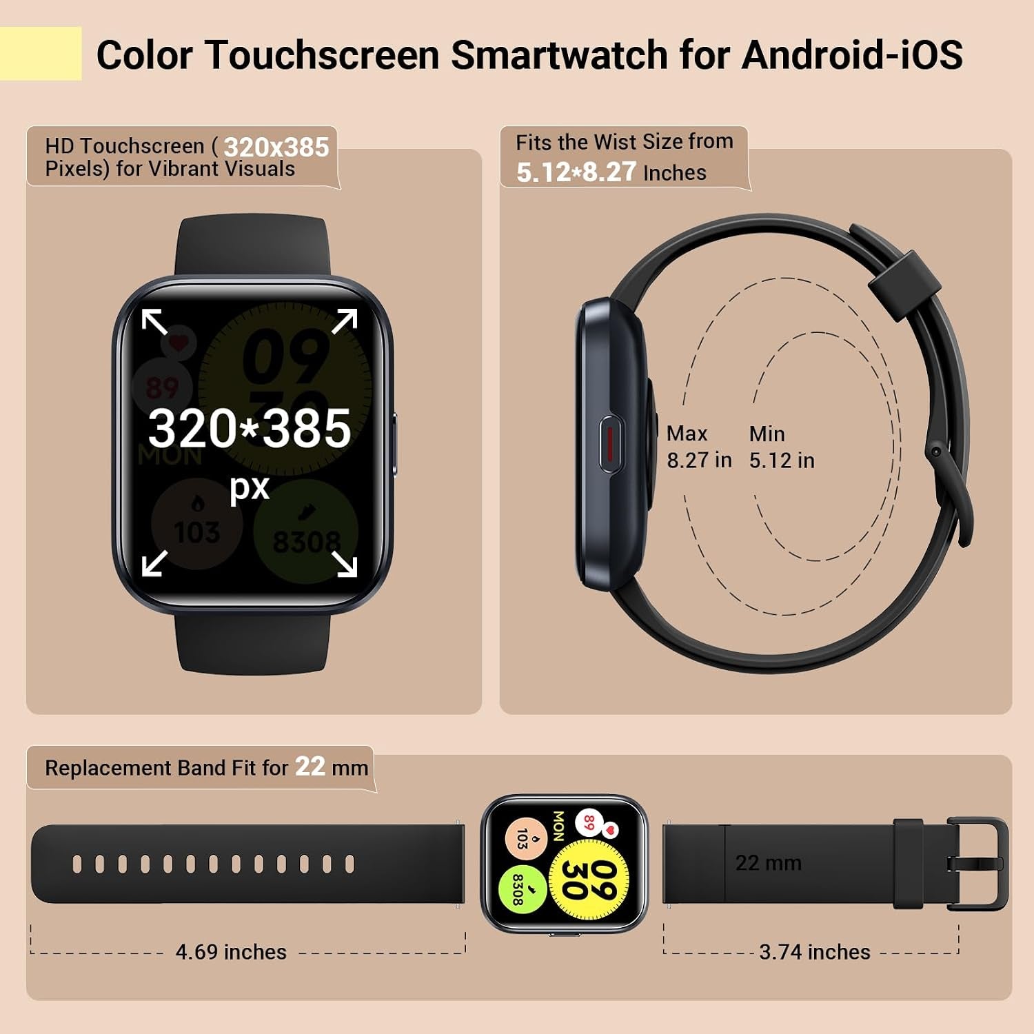 Smartwatch for Women/Men, Compatible with Android & Iphone, 1.8'' Fitness Tracker Watch with Alexa, Call & Notification Alerts, Heart Rate & Sleep Monitor, 120 Sports Modes, Waterproof Smart Watch