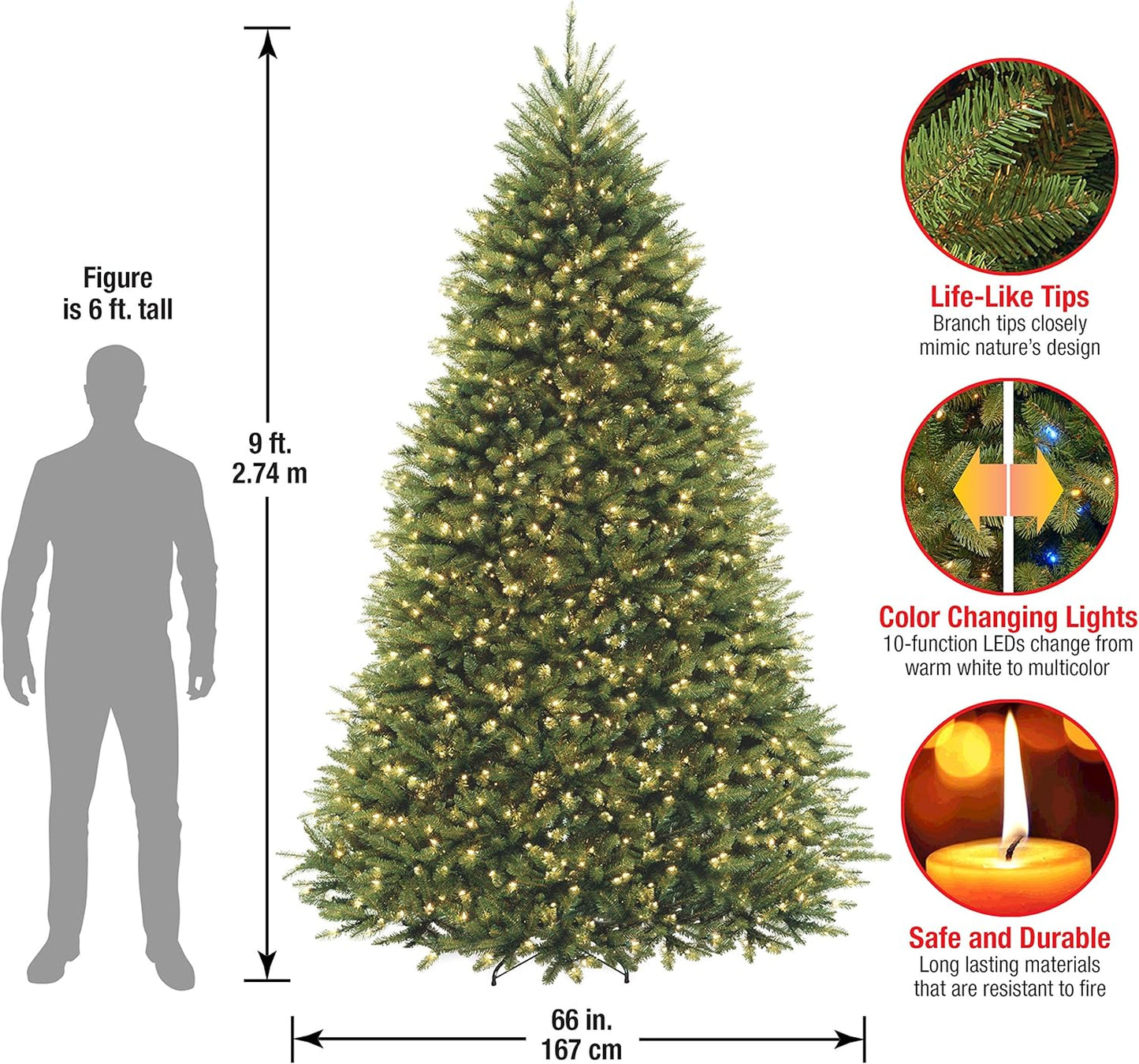 Pre-Lit Artificial Full Christmas Tree, Green, Dual Color LED Lights, Includes Powerconnect and Stand, 9 Feet