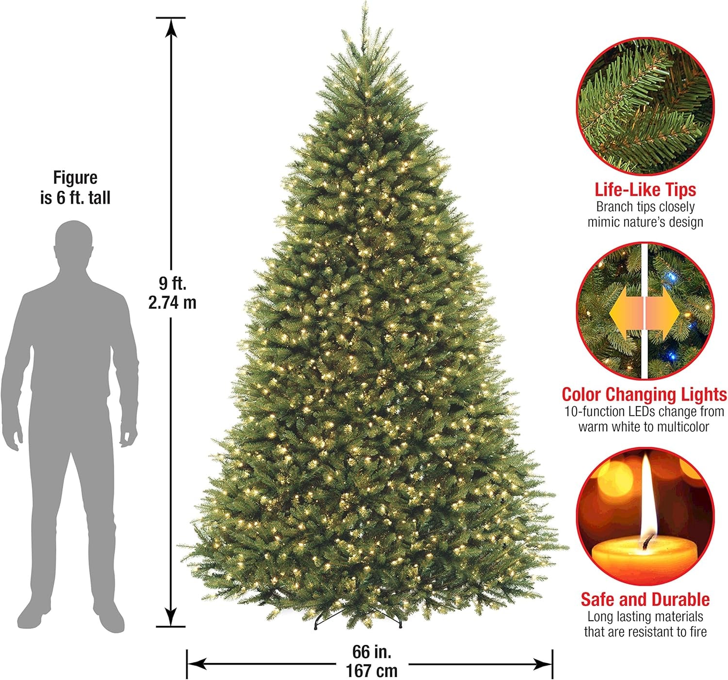 Pre-Lit Artificial Full Christmas Tree, Green, Dual Color LED Lights, Includes Powerconnect and Stand, 9 Feet