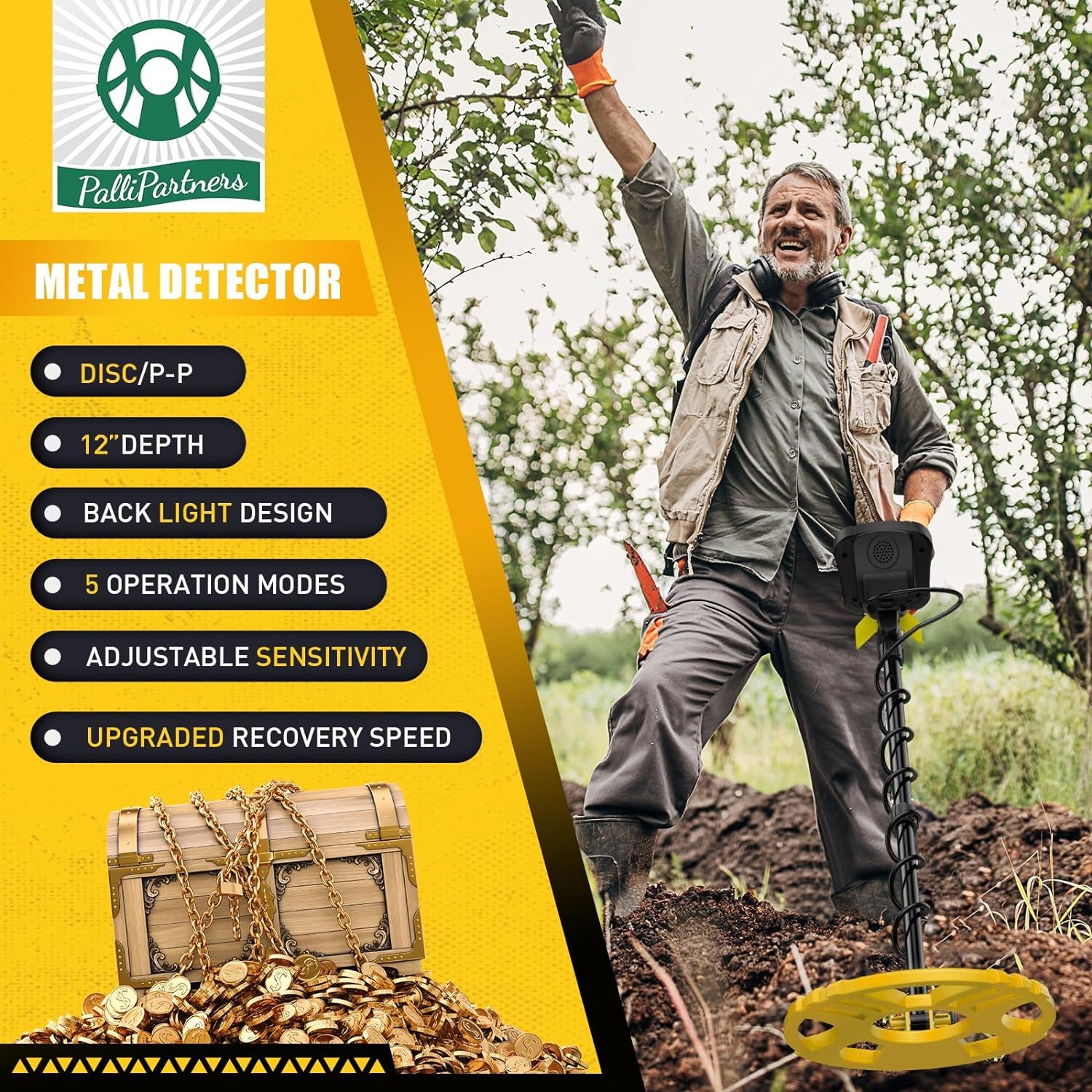 Metal Detector for Adults Waterproof-Professional Higher Accuracy Gold Detector with LCD Display,5 Mode,Advanced DSP Chip 12" Coil Metal Detectors(970-Yellow)