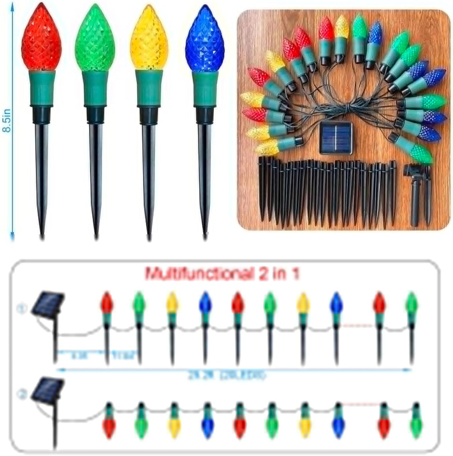 20-Pack Solar C9 Multi-Color Garden Stake Lights for Christmas Tree, Garden, Patio, Yard, Pathway