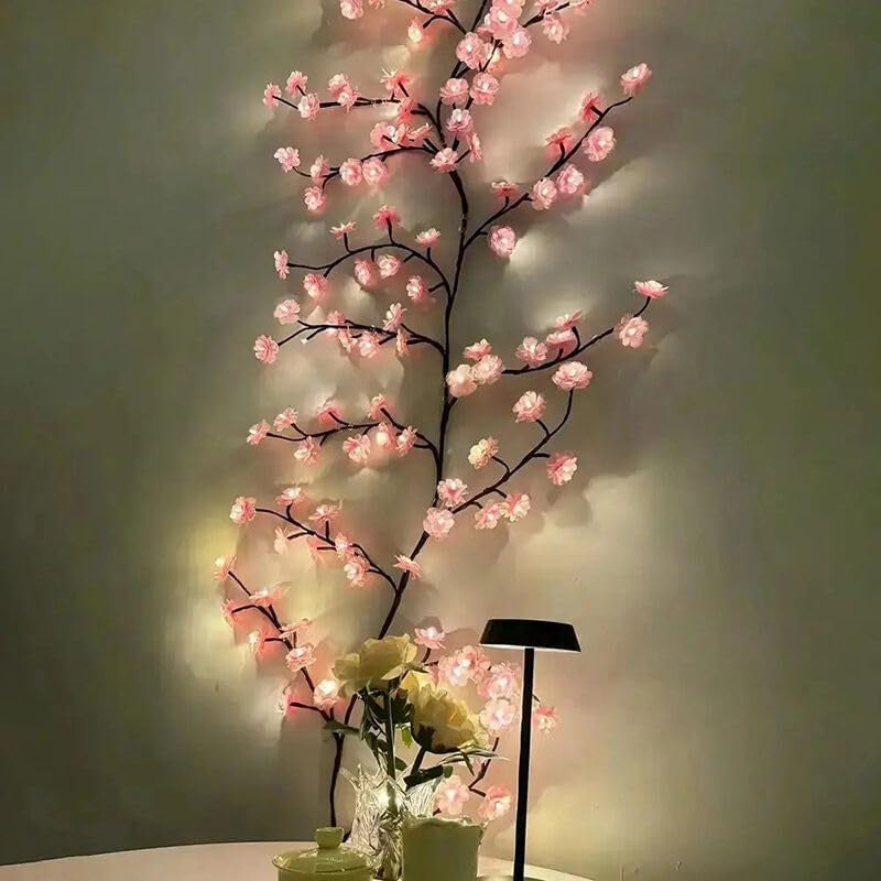 Cherry LED Tree Branch Lights for Wall, Cherry Blossom Willow Vine Twig Decor Garland with 144 LED Lights and Remote,8 Lighting Modes,Christmas Decorations Indoor for Home Wall Door Window (90Inch)