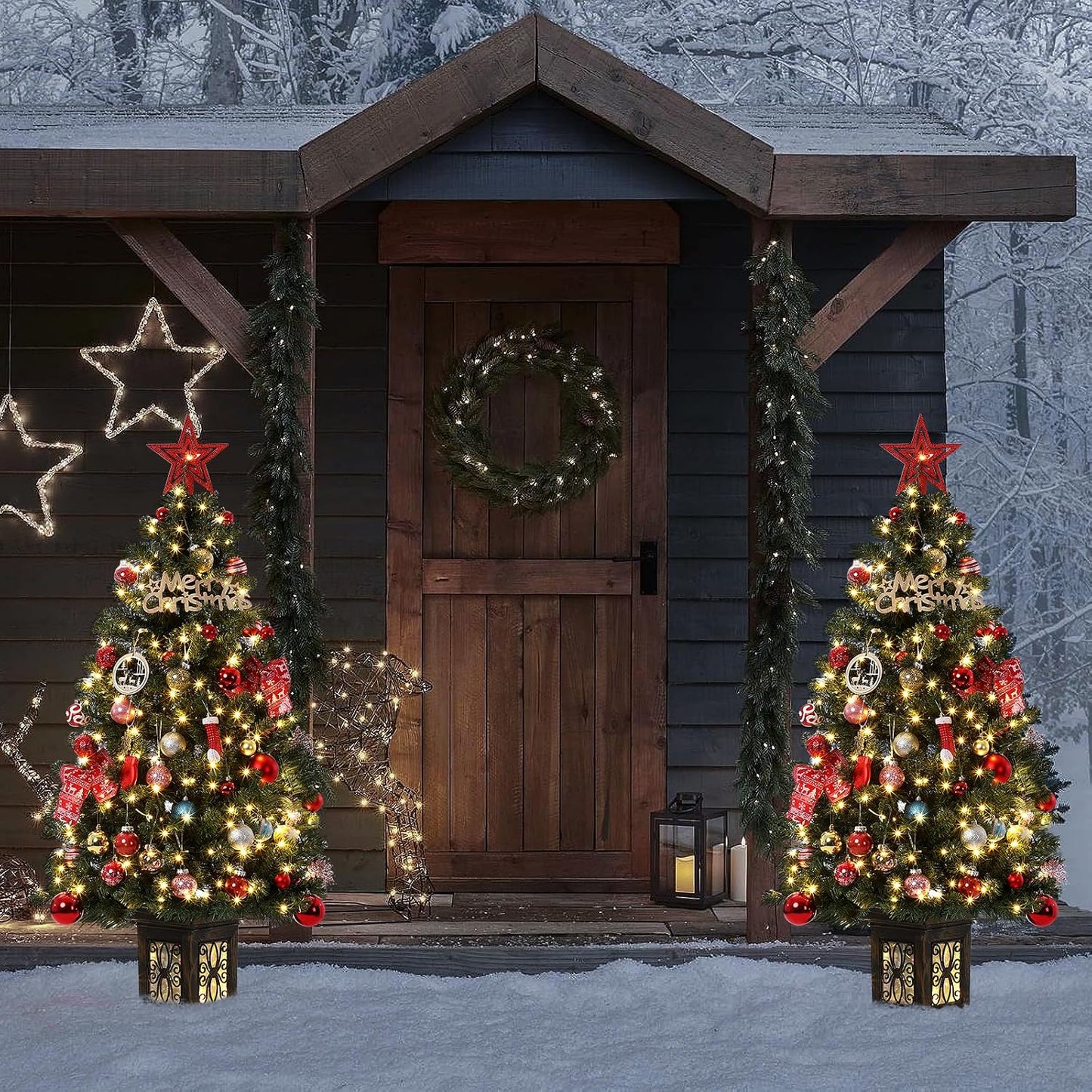 4.5 Ft Artificial Fiber Optic Christmas Tree, Pre-Lit Artificial Potted Xmas Tree with 300 Led Lights, 8 Lighting Modes, Includes Antique Urn Base, 1 PCS