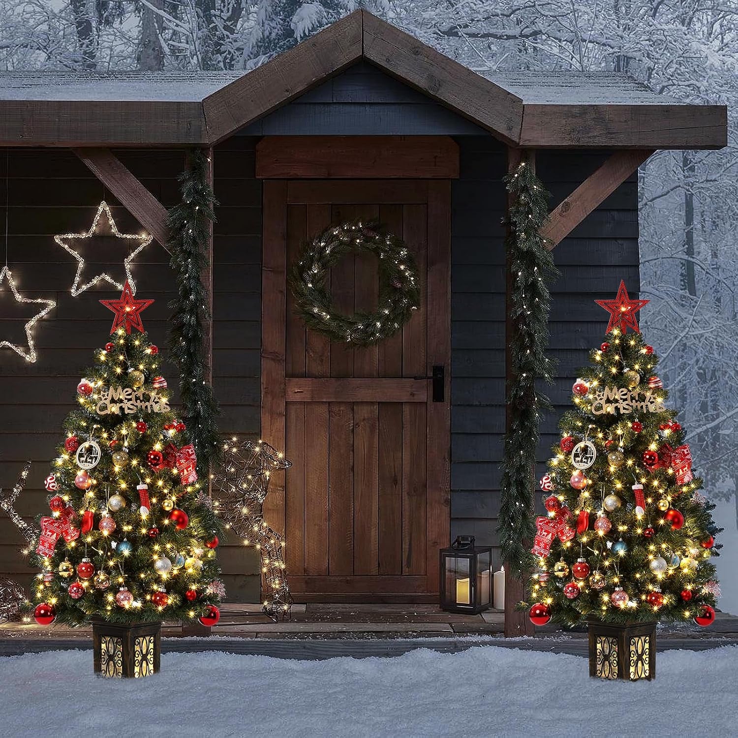 4.5 Ft Artificial Fiber Optic Christmas Tree, Pre-Lit Artificial Potted Xmas Tree with 300 Led Lights, 8 Lighting Modes, Includes Antique Urn Base, 1 PCS
