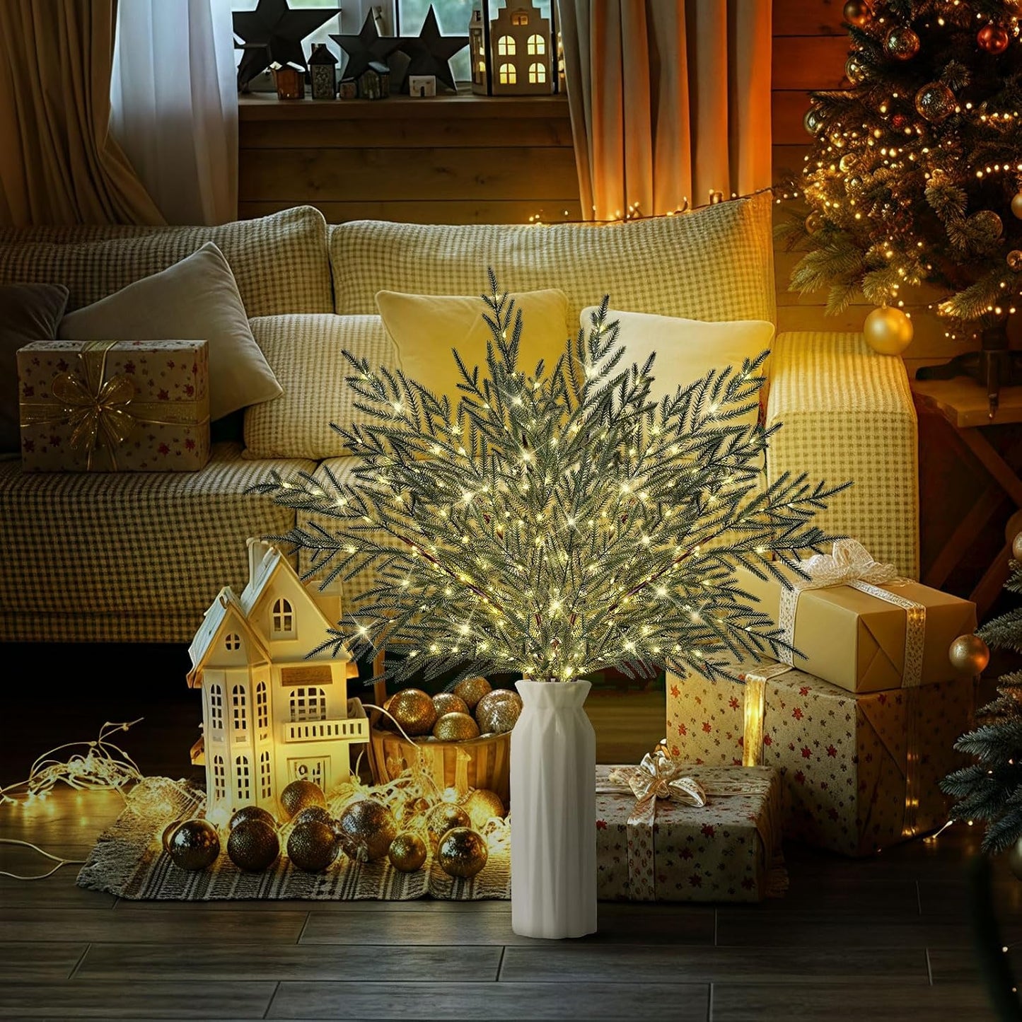 4 Pcs Lighted Norfolk Pine Branches for Vase 35"Artificial Pine Branches