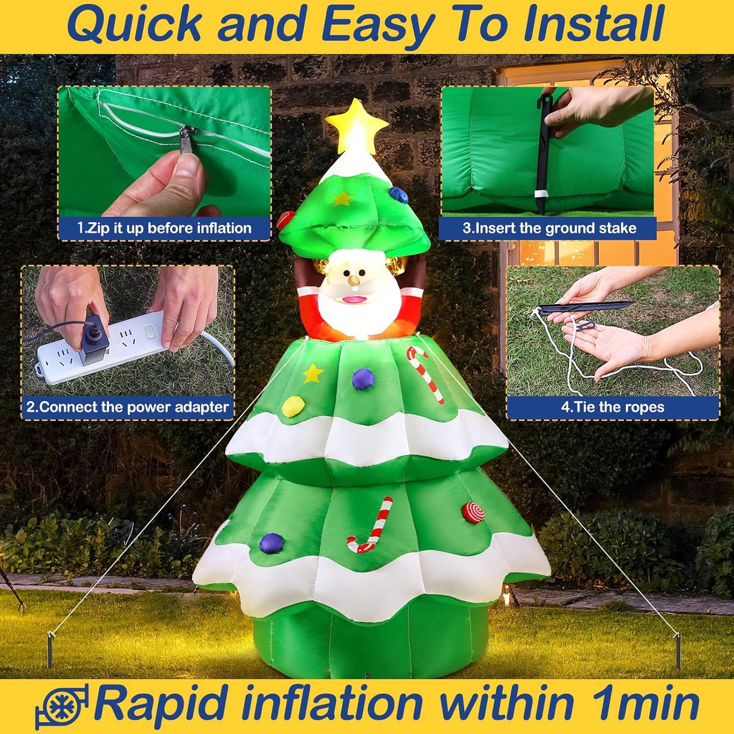 6-Foot Inflatable Christmas Tree with POP-UP Santa, Outdoor Indoor LED Lighted Christmas Tree Decor, Blow up Yard Decorations for Home Family Party Holiday Yard Lawn Garden