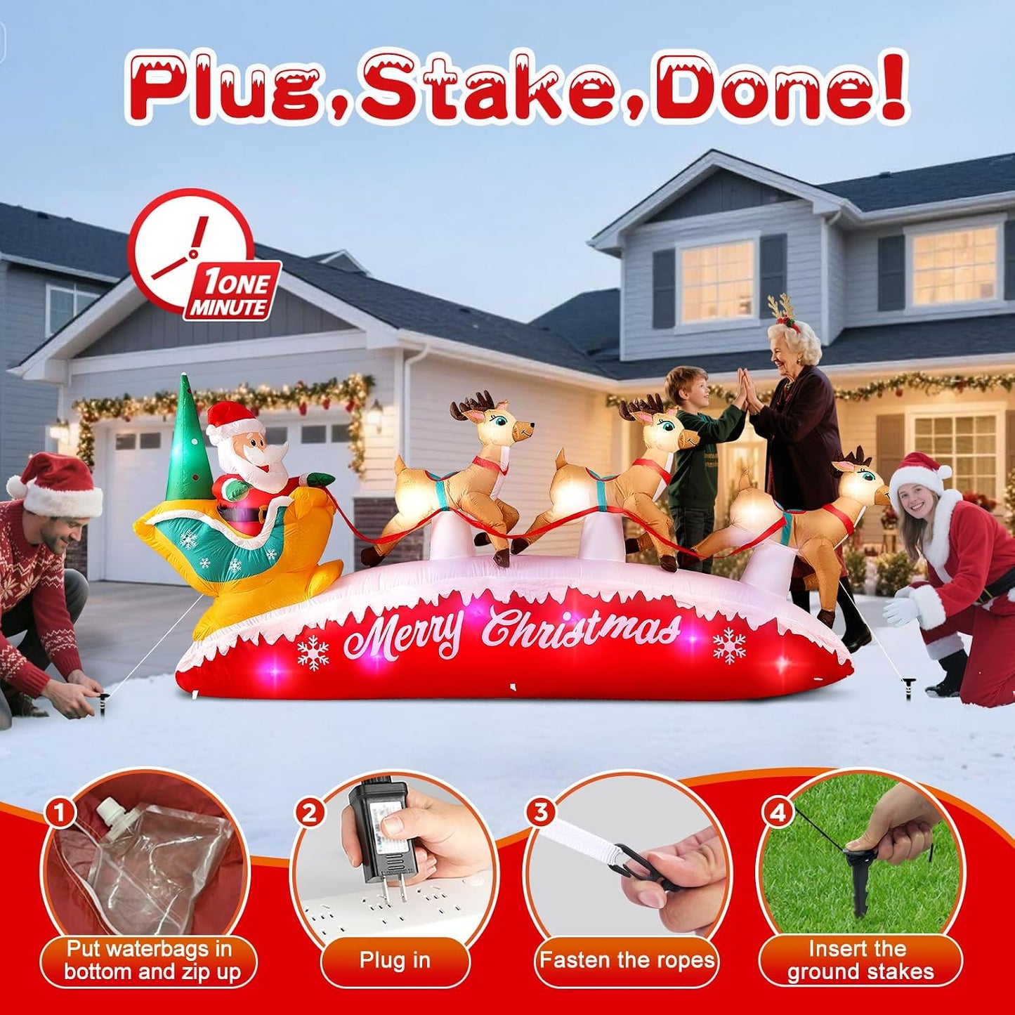 10FT Christmas Inflatables Outdoor Decorations Santa Claus Reindeer Sleigh