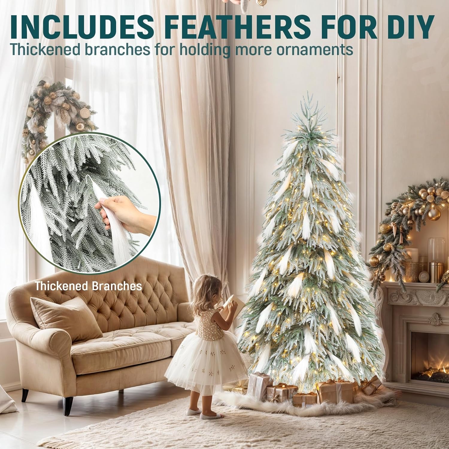 Pre-Lit Flocked Pampas Christmas Tree 6Ft