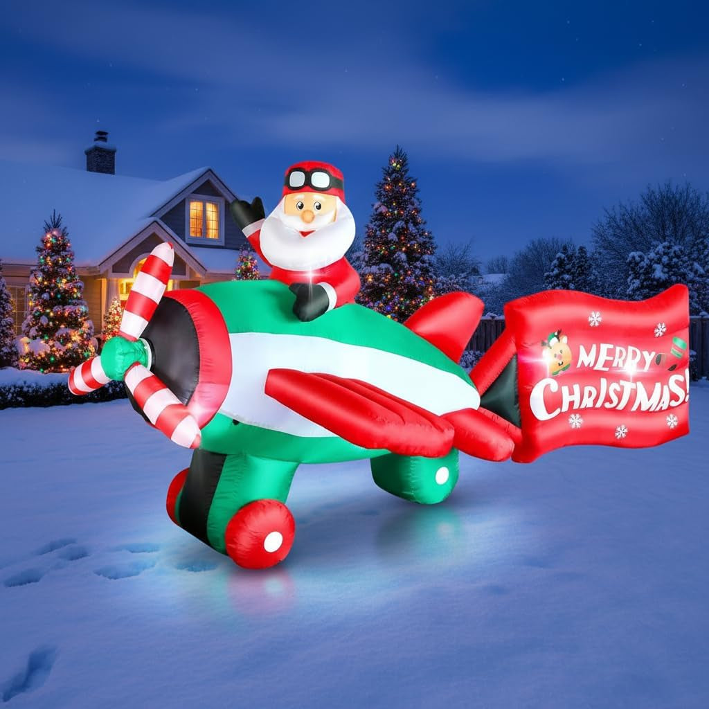 10.5 FT Animated Christmas Inflatables Santa Claus on Airplane, Santa Claus on Helicopter with Merry Christmas Banner, Xmas Blow Ups Outdoor Decorations for Yard Garden Lawn Holiday Home Party Decor