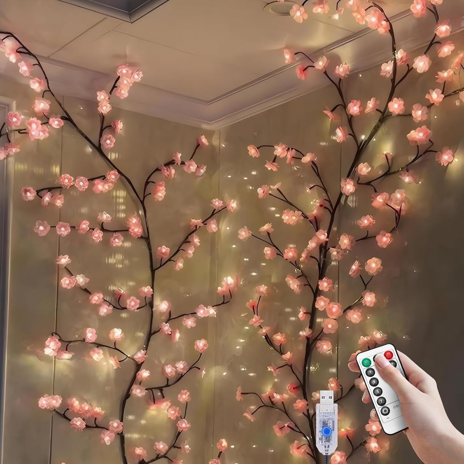 Cherry LED Tree Branch Lights for Wall, Cherry Blossom Willow Vine Twig Decor Garland with 144 LED Lights and Remote,8 Lighting Modes,Christmas Decorations Indoor for Home Wall Door Window (90Inch)