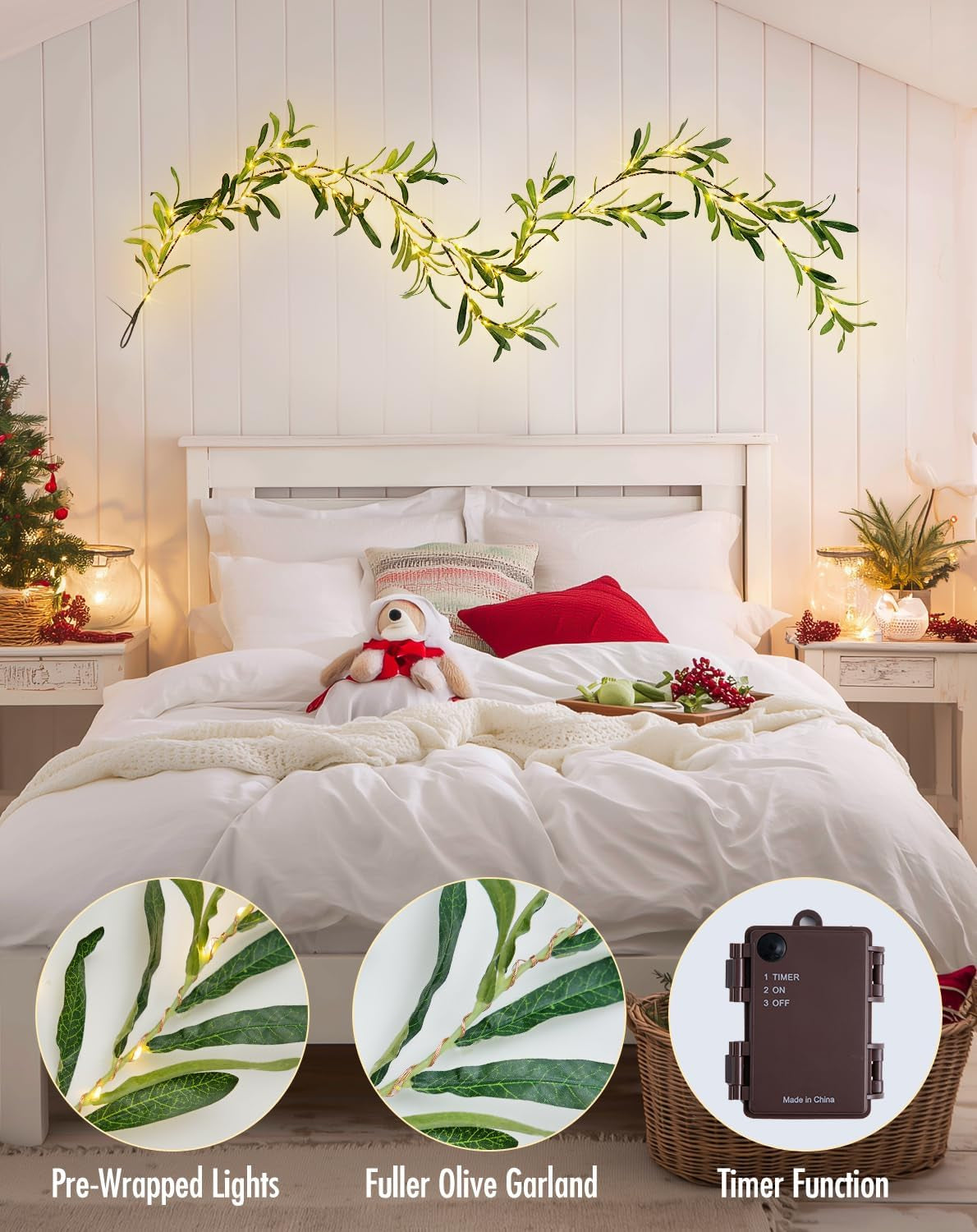100 LED 6 Ft Artificial Olive Lighted Garland for Fireplace Decor