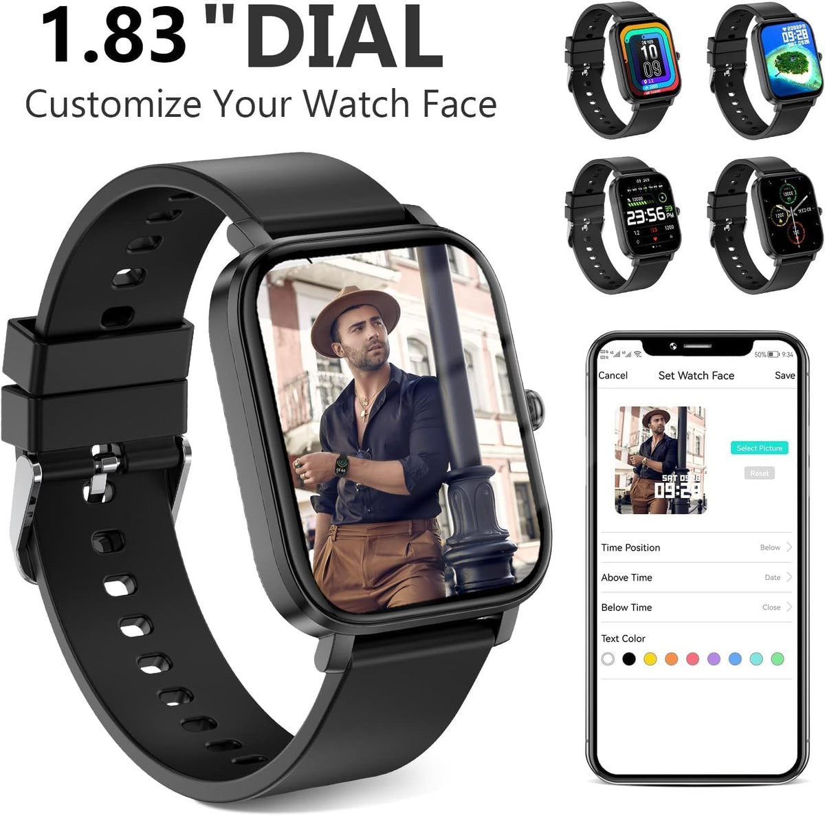 Smart Watch for Men Women Smartwatch 1.83" for Iphone Samsung Android Phone Compatible, Fitness Tracker Watch with Pedometer, Heart Rate/Sleep Monitor, Blood Oxygen, IP68 Waterproof