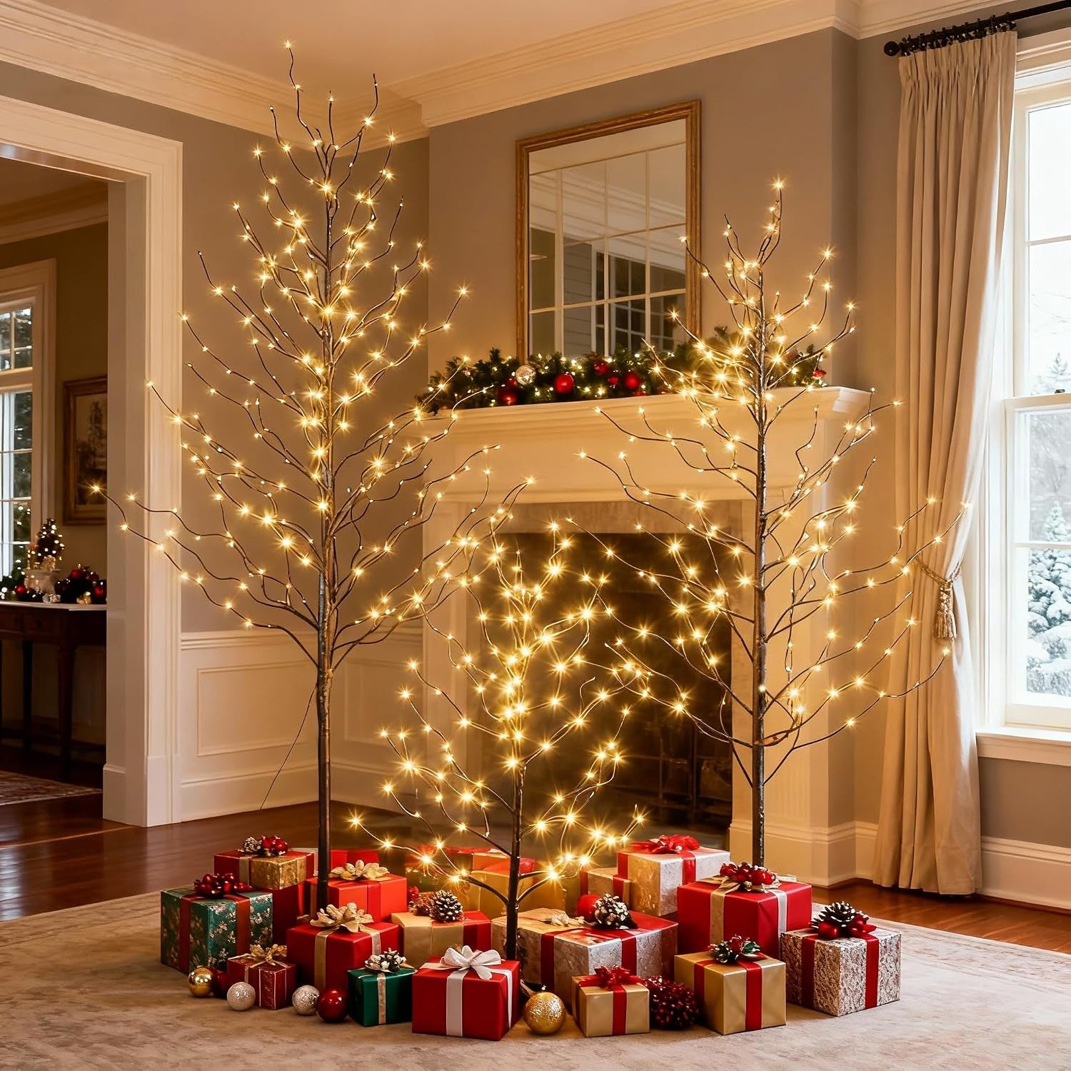 Set of 3 Star Light Trees Christmas Decorations, Including 3 Feet, 5 Feet, and 6 Feet, Warm White Christmas Tree, Brown Branch