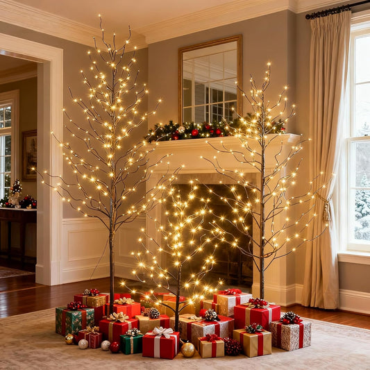 Set of 3 Star Light Trees Christmas Decorations, Including 3 Feet, 5 Feet, and 6 Feet, Warm White Christmas Tree, Brown Branch