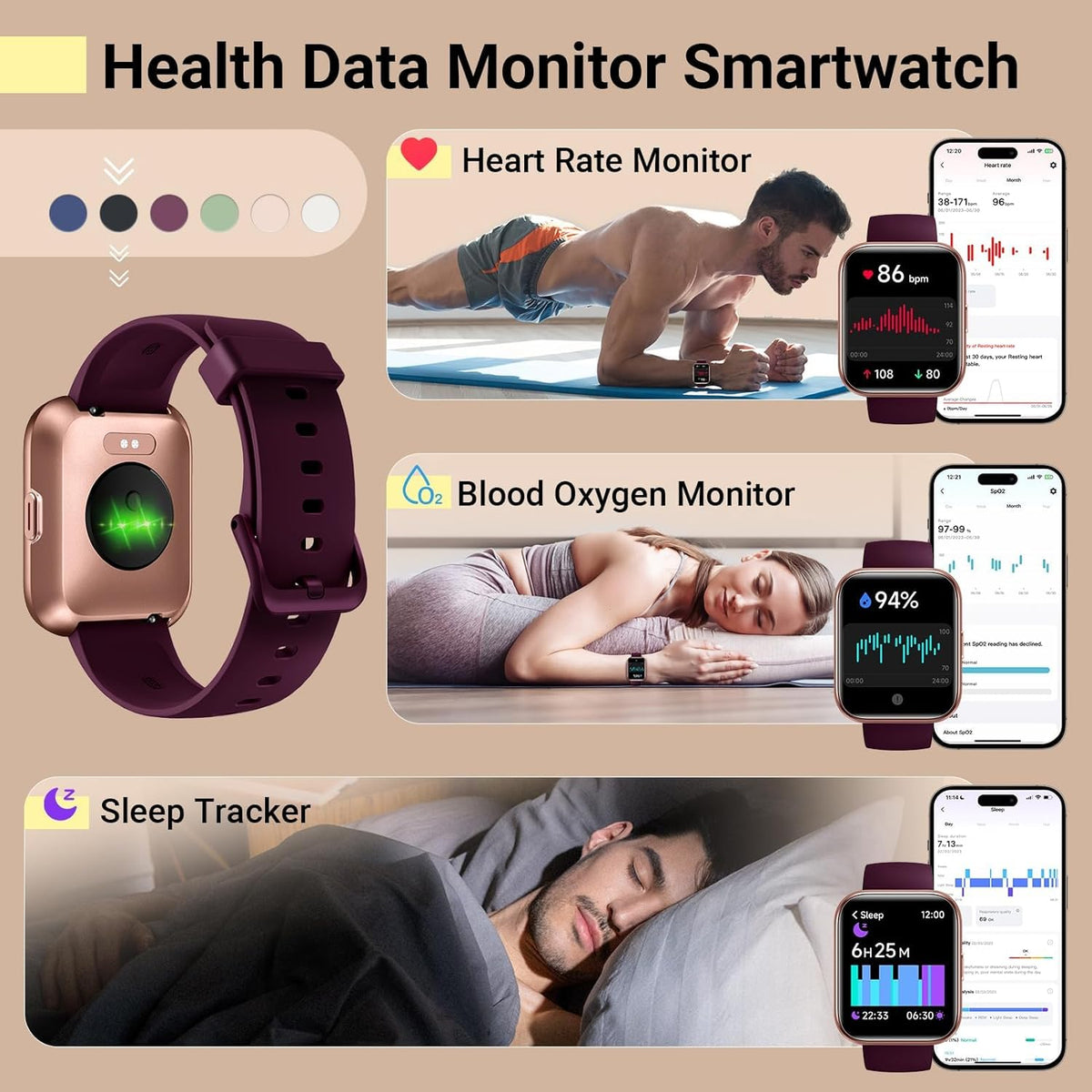 Smart Watches for Women, Smart Watch for Android Phones & Iphone, Fitness Watches for Women with Alexa, Call & Notification Alerts, Tracks Heart Rate/Sleep Smartwatches (Dark Purlple, 1.8 Inches)