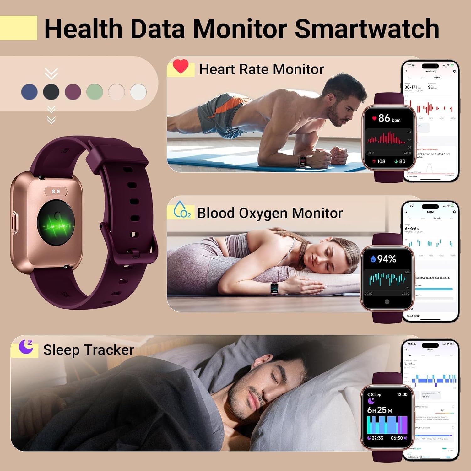 Smart Watches for Women, Smart Watch for Android Phones & Iphone, Fitness Watches for Women with Alexa, Call & Notification Alerts, Tracks Heart Rate/Sleep Smartwatches (Dark Purlple, 1.8 Inches)