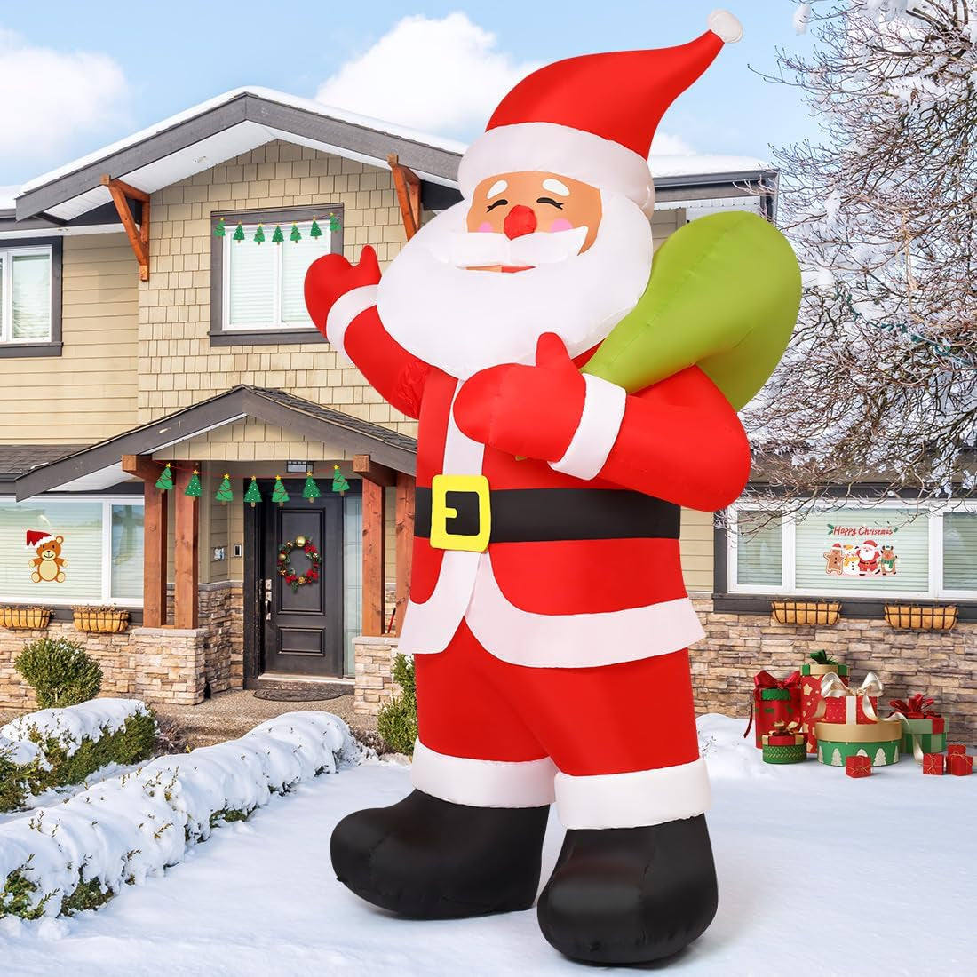9 FT Animated Christmas Decorations Santa Inflatables, Outdoor Christmas Santa Claus Carry Gift Bag&Shaking Hand Blow up Yard Built-In Leds for Indoor Xmas Party Garden Lawn Decor