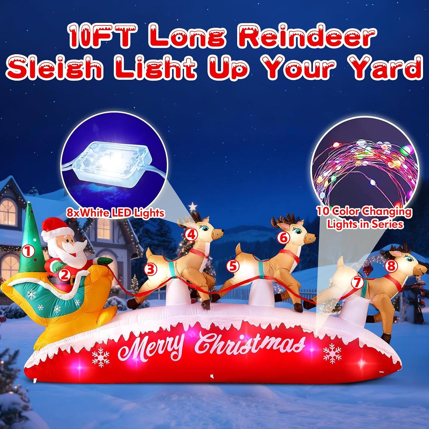 10FT Christmas Inflatables Outdoor Decorations Santa Claus Reindeer Sleigh