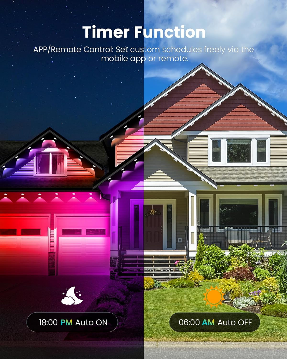 200FT RGB+IC Permanent Outdoor Lights, 24V Year-Round Roof & Eaves Lighting with 221 Modes, App & Remote Control, IP68 Waterproof, Smart outside Lights for Halloween, Christmas, Holidays