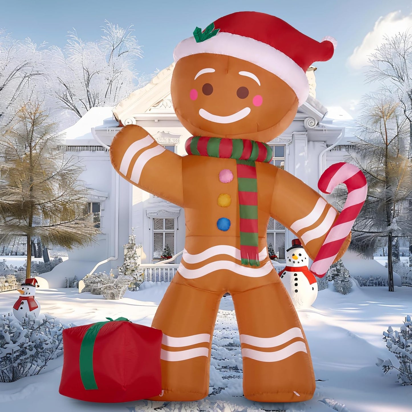 8 FT Christmas Inflatables Gingerbread Man with Candy Cane, Christmas Blow Ups Gingerbread Inflatable Yard Decoration with Build-In Leds for Xmas, Party, Outdoor, Yard, Garden, Lawn Décor