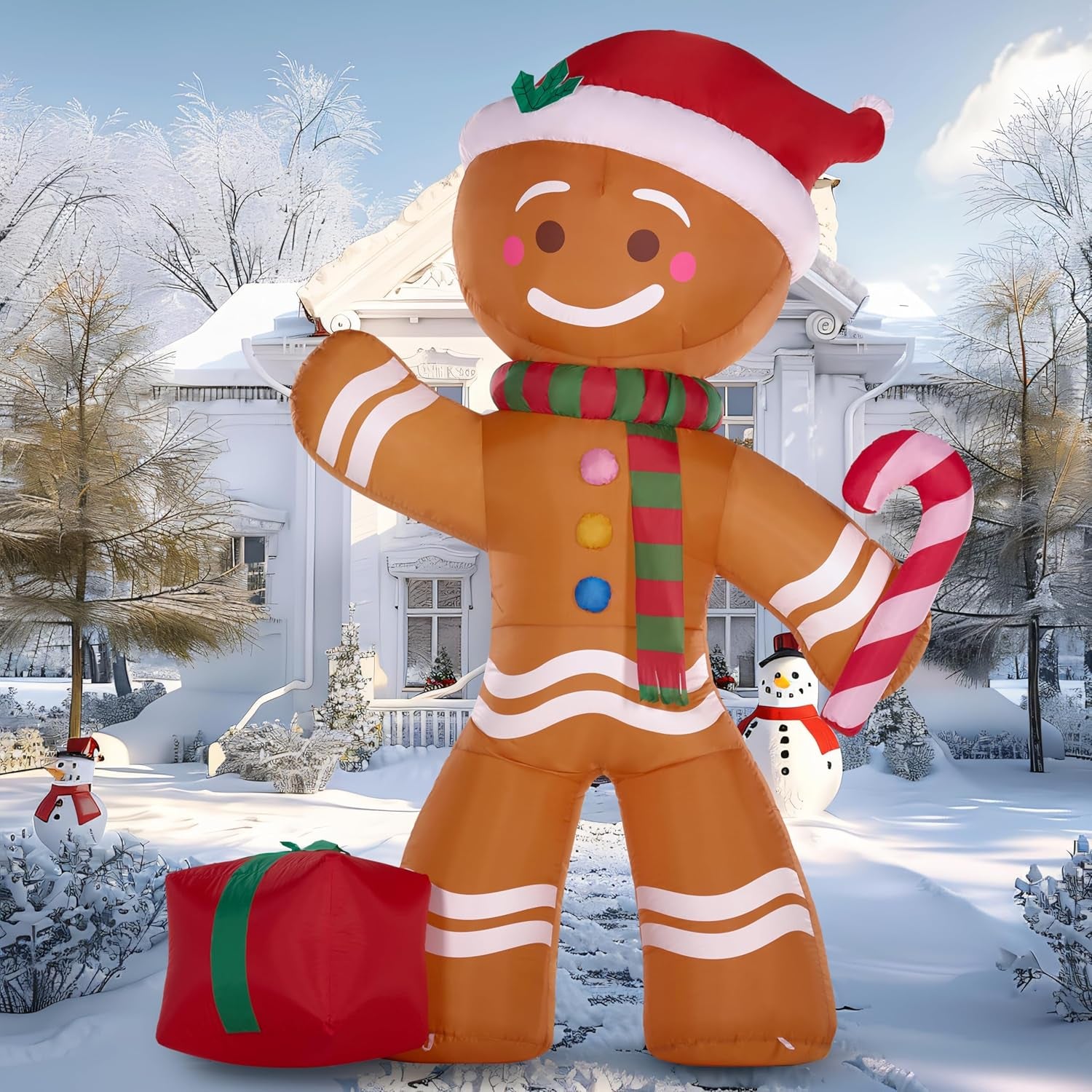8 FT Christmas Inflatables Gingerbread Man with Candy Cane, Christmas Blow Ups Gingerbread Inflatable Yard Decoration with Build-In Leds for Xmas, Party, Outdoor, Yard, Garden, Lawn Décor