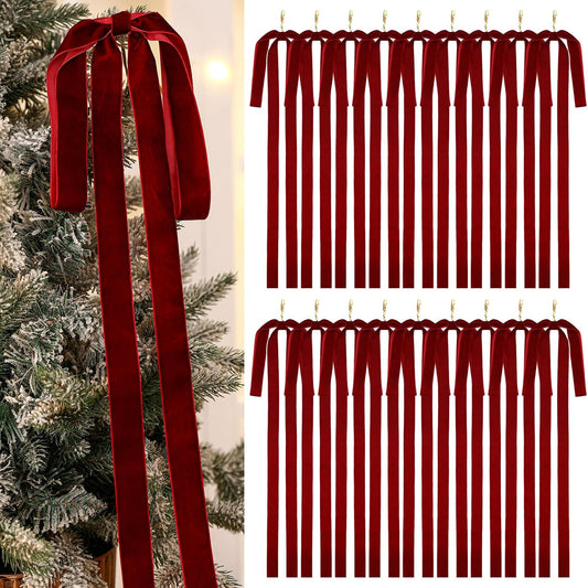 12 Long Burgundy Christmas Velvet Bow Ornament Vintage Tree Decor