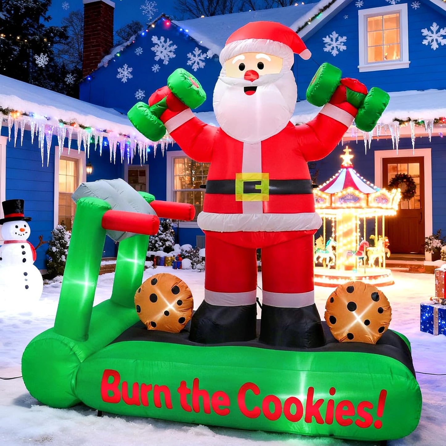 7FT Christmas Inflatable Santa Decorations, Santa on Treadmill with Dumbbells, Funny Fitness Santa Outdoor Blow up Yard Decoration with Built-In LED Lights for Holiday Garden, Lawn, Patio