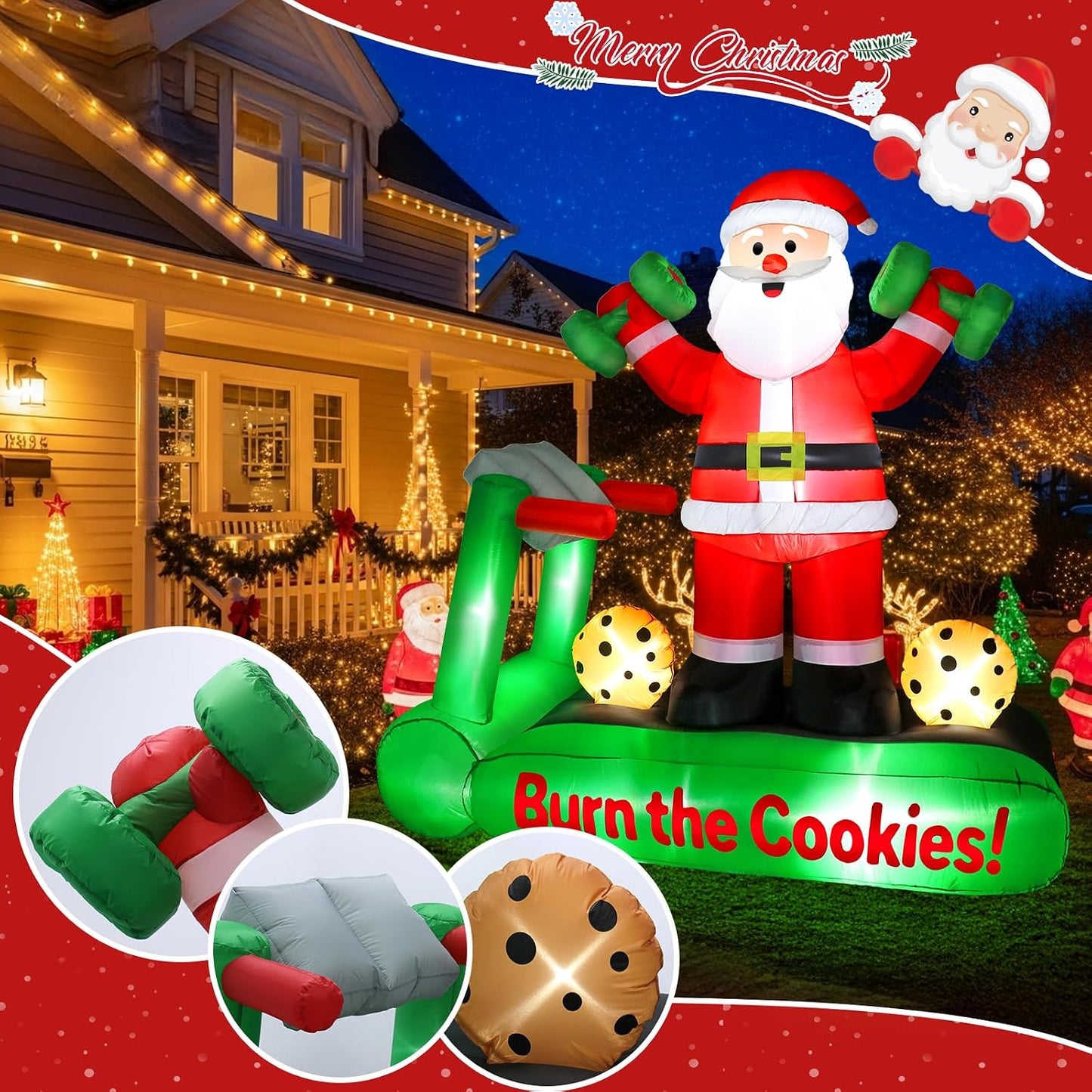 7FT Christmas Inflatable Santa Decorations, Santa on Treadmill with Dumbbells, Funny Fitness Santa Outdoor Blow up Yard Decoration with Built-In LED Lights for Holiday Garden, Lawn, Patio