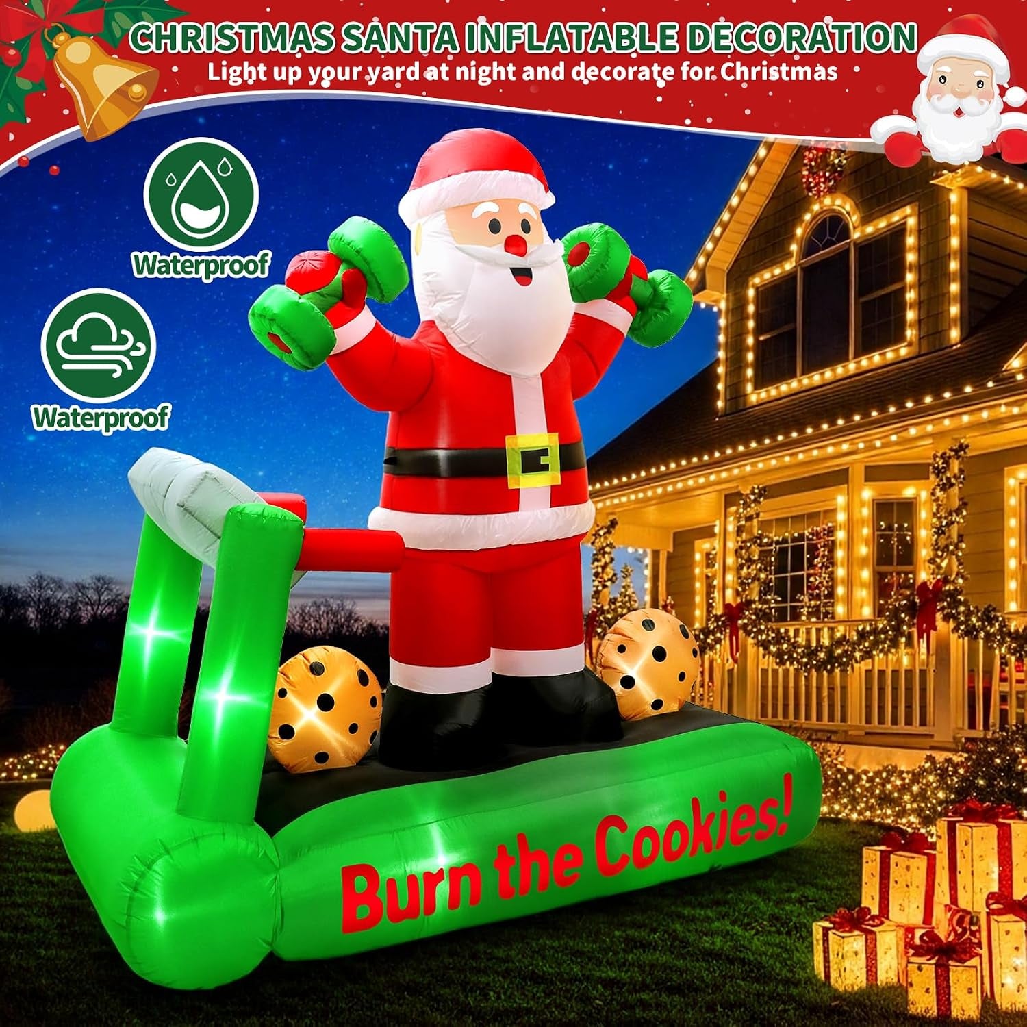 7FT Christmas Inflatable Santa Decorations, Santa on Treadmill with Dumbbells, Funny Fitness Santa Outdoor Blow up Yard Decoration with Built-In LED Lights for Holiday Garden, Lawn, Patio