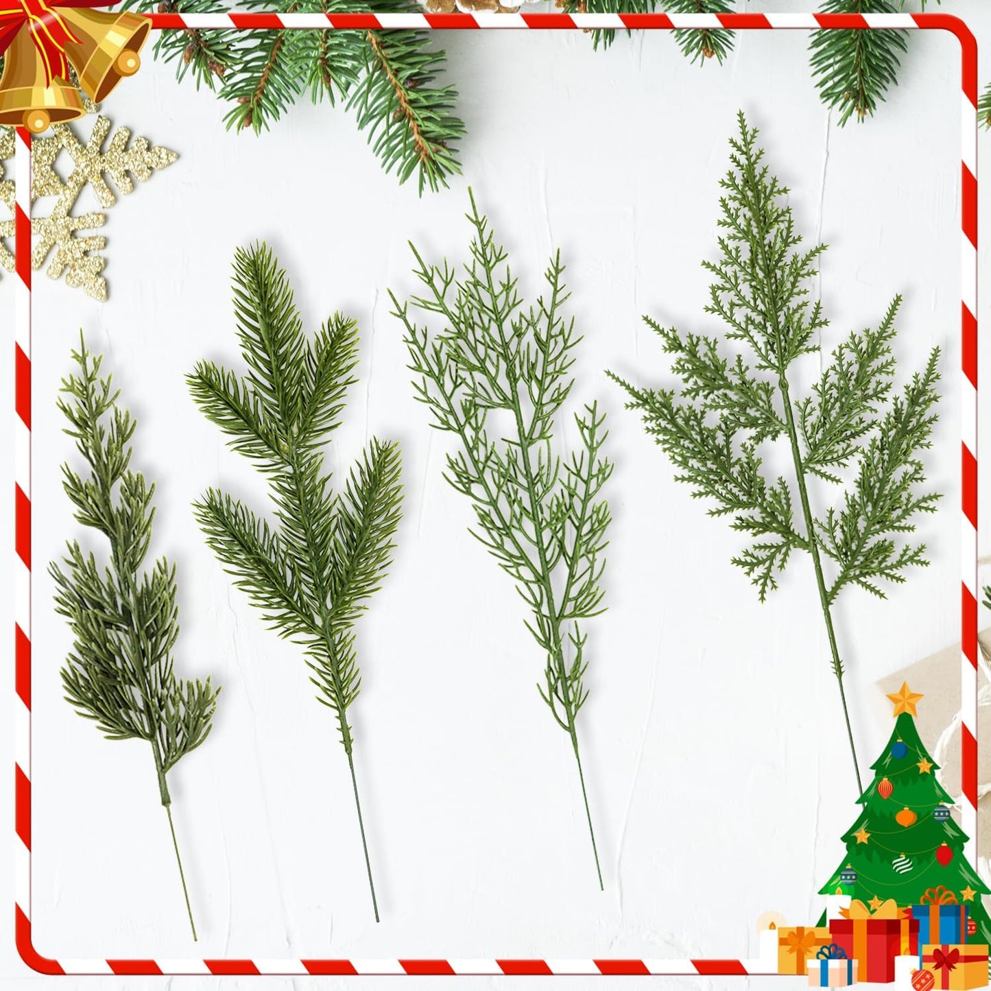 40 Pcs Artificial Pine Branches Assorted Faux Pine Stems Cedar Leaves Needle Sprigs Plastic Fake Christmas Greenery Pine Picks for Xmas Tree Wreaths Garlands DIY Accessories Home Decor (40, Green)