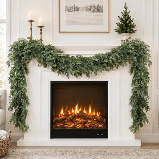 Christmas Garland 9FT Decorations Real Touch Cedar Cypress Pine Greenery Artificial Green Christmas Garland for Mantle, Fireplace, Table, Stairs, Door, Porch, Indoor Outdoor Decorations