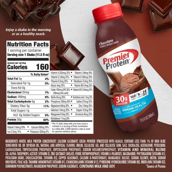 Protein Shake Premier, Chocolate, 30G Protein 1G Sugar 24 Vitamins Minerals Nutrients to Support Immune Health, 11.5 Fl Oz (Pack of 12)