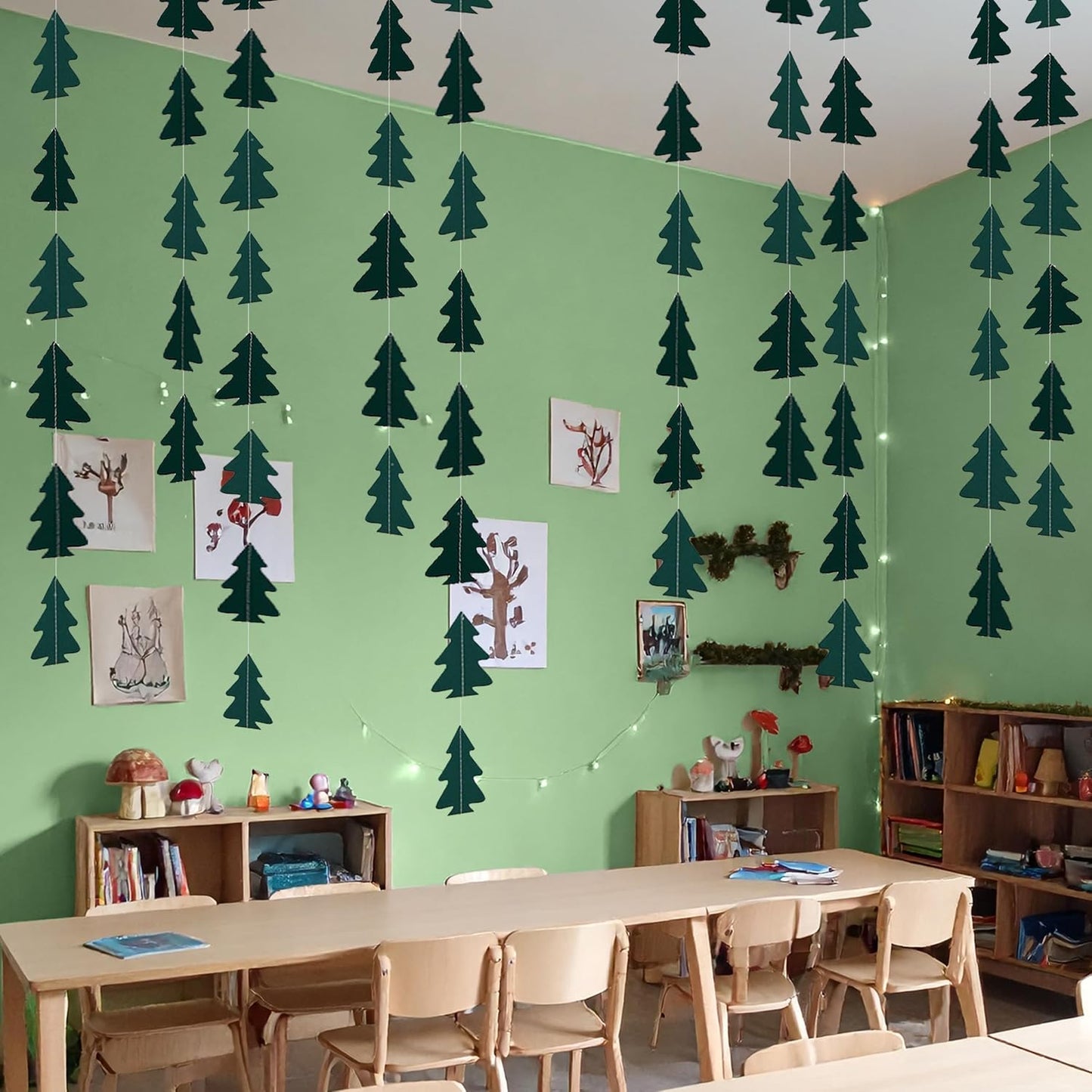 Dark Green Pine Tree Garland Camping Decorations Woodland Theme Baby Shower One Happy Camper Birthday Party Decoration Camp Classroom Decor Hanging Glamping Streamers Bday Photo Backdrop