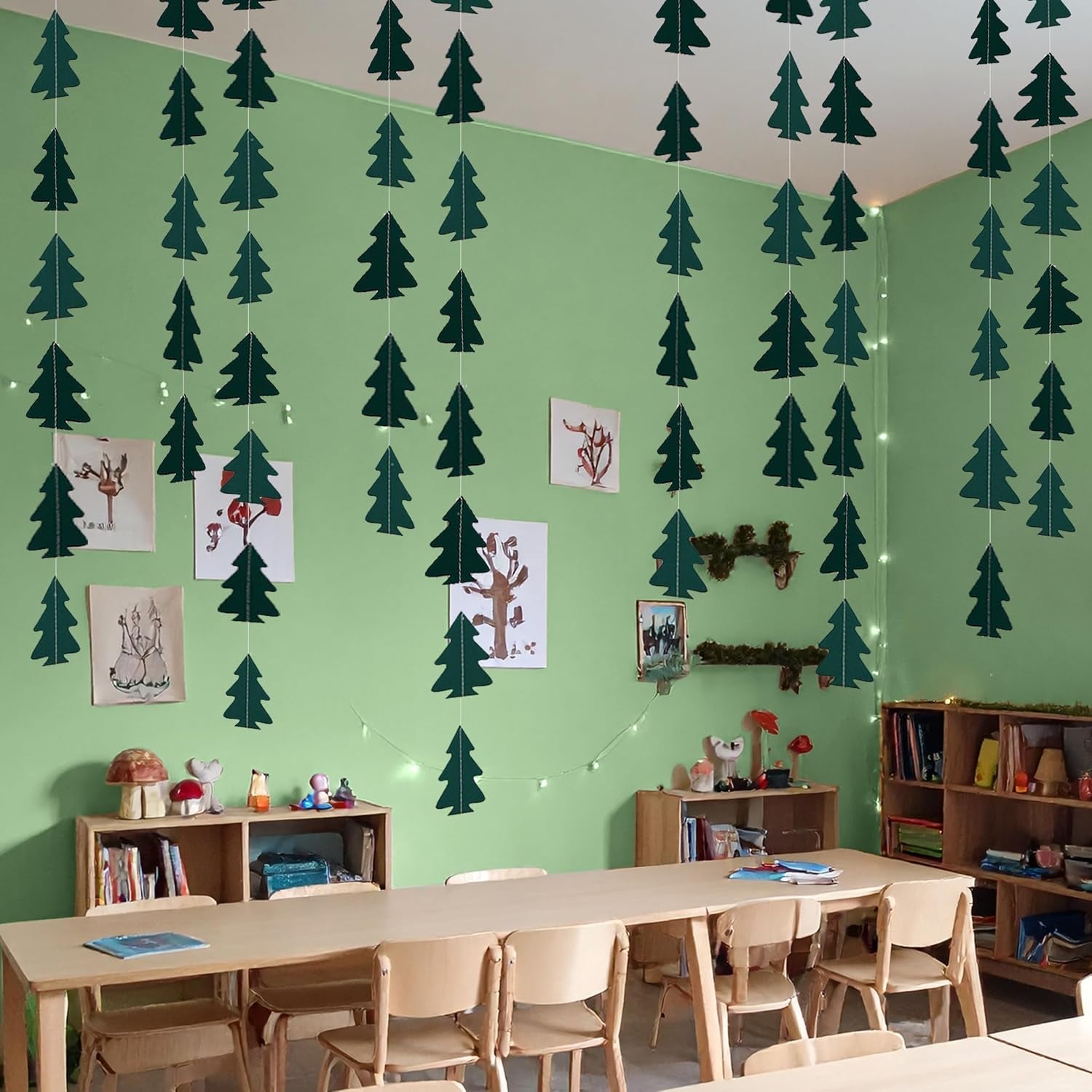 Dark Green Pine Tree Garland Camping Decorations Woodland Theme Baby Shower One Happy Camper Birthday Party Decoration Camp Classroom Decor Hanging Glamping Streamers Bday Photo Backdrop