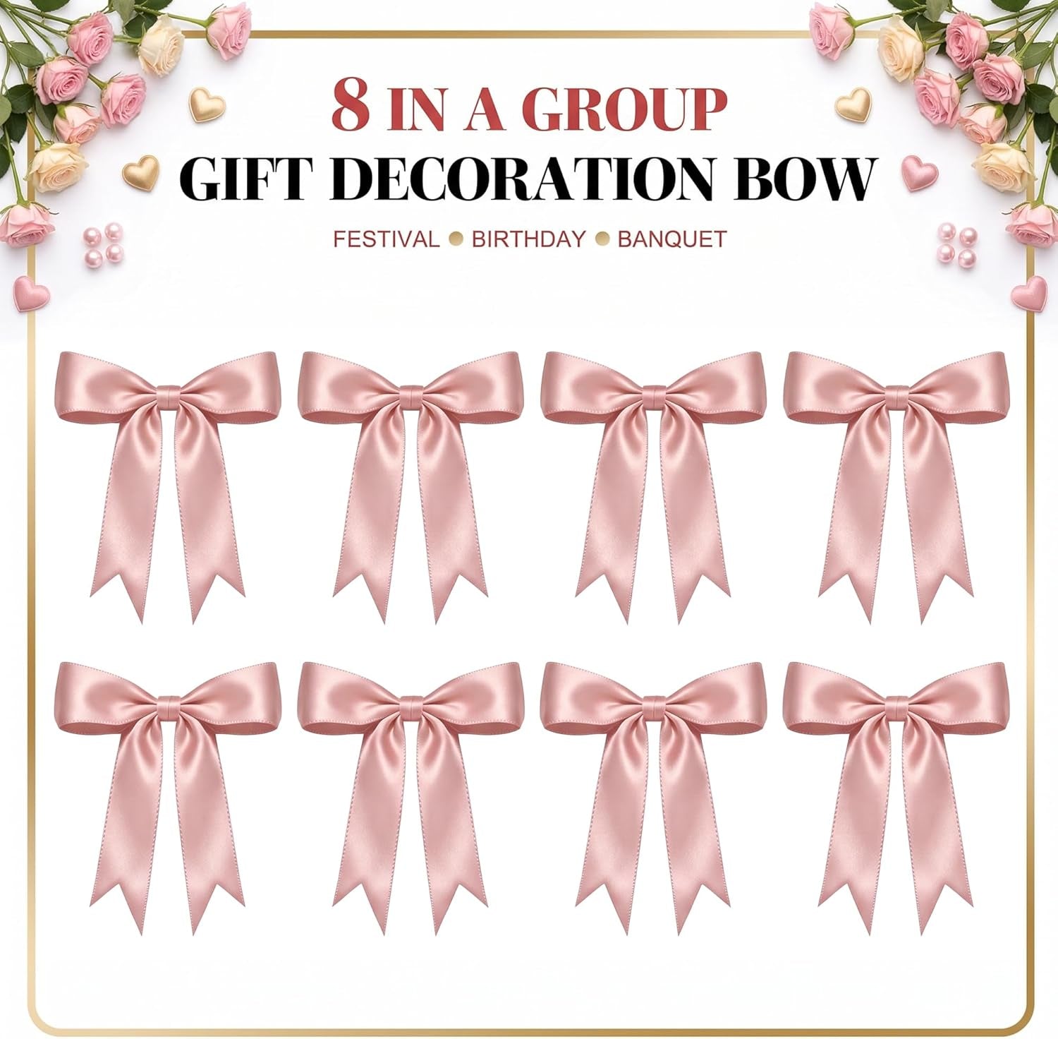 1 String Pink Bow Garland Banner Decorations, Pre-Strung Satin Ribbon Bows for Birthday, Baby Shower, Bridal Shower, Coquette Girls Room, Bow Themed Party, Wedding, Christmas Tree Decorations
