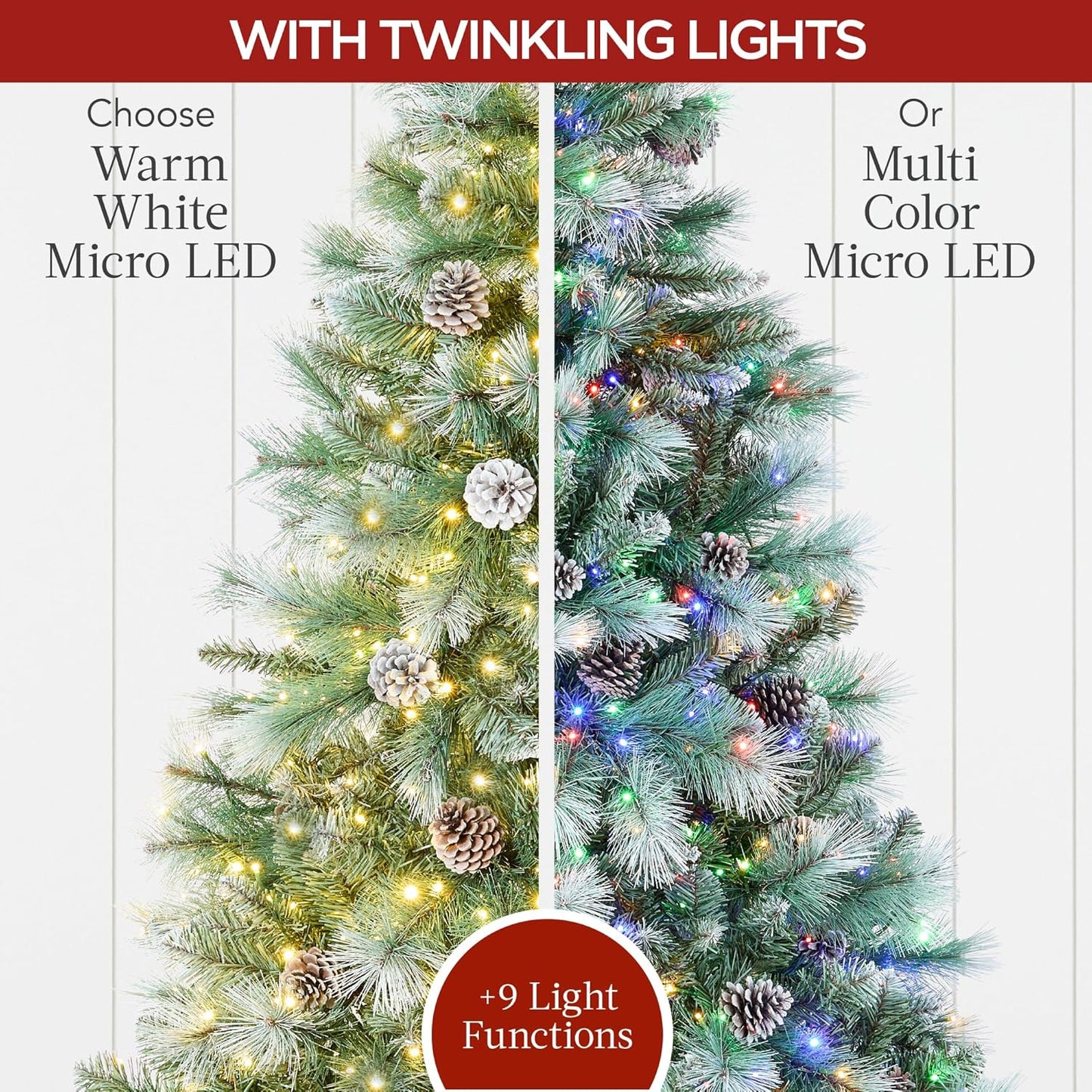 Full Scotch Pine Christmas Tree, 9Ft Pre-Lit Frosted Holiday Decor W/ 2,000 Twinkling Micro LED Lights, 2-In-1 White & Multicolor