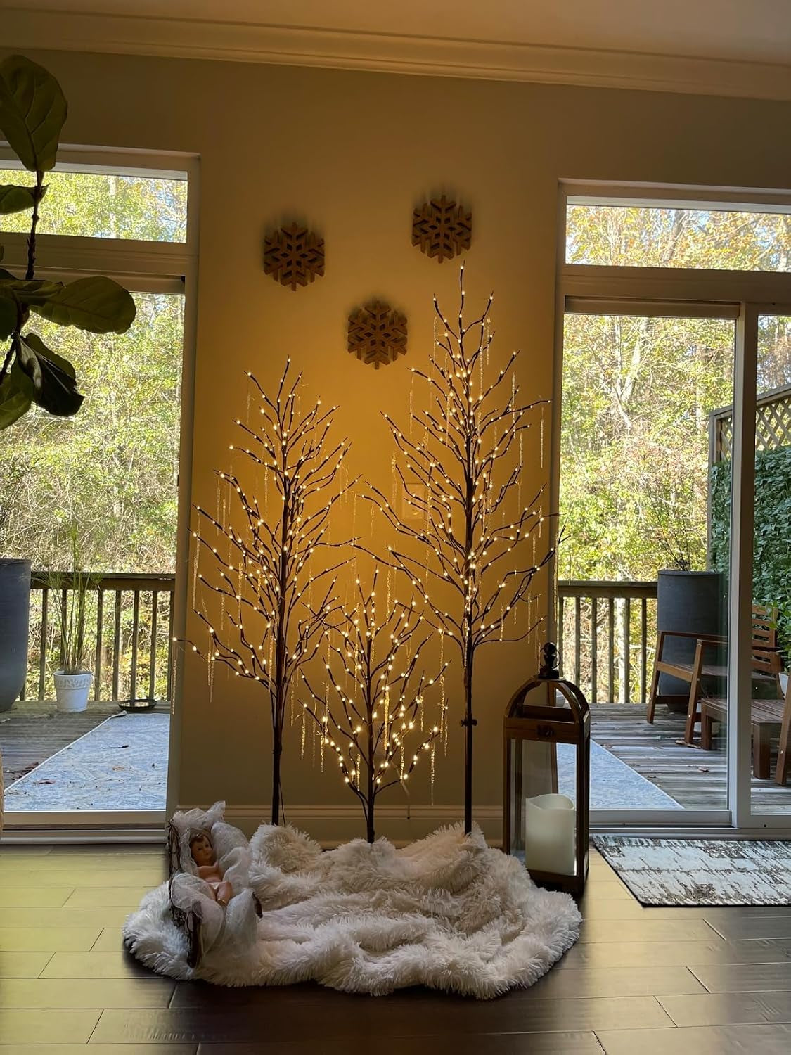 Set of 3 Star Light Trees Christmas Decorations, Including 3 Feet, 5 Feet, and 6 Feet, Warm White Christmas Tree, Brown Branch
