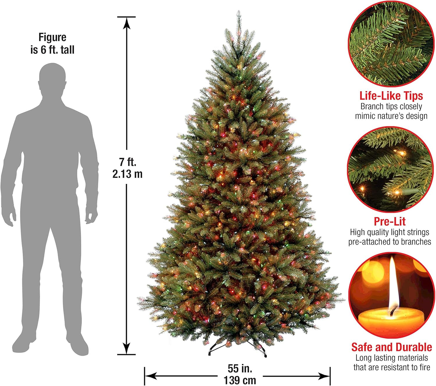 Pre-Lit Artificial Full Christmas Tree, Green, Dunhill Fir, Multicolor Lights, Includes Stand, 7 Feet